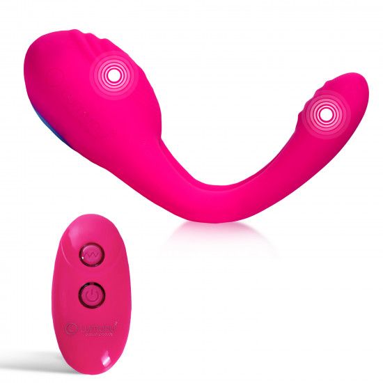 Pinkfarbener Vibrator mit blauem Akzent und Fernbedienung. Die Fernbedienung hat zwei Knöpfe.