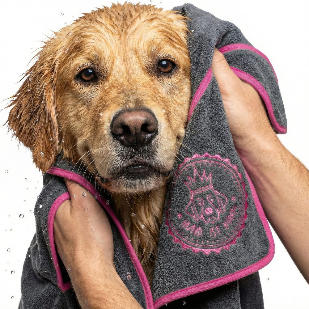 Graues Hundehandtuch mit rosa Einfassung. Ein Hund wird mit dem Handtuch abgetrocknet. Logo mit Krone und Hund.