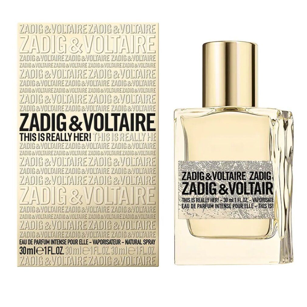 Zadig & Voltaire Duftflakon und Verpackung. Rechteckige Form, goldfarbener Verschluss. Produktinformationen auf Etikett und Box.
