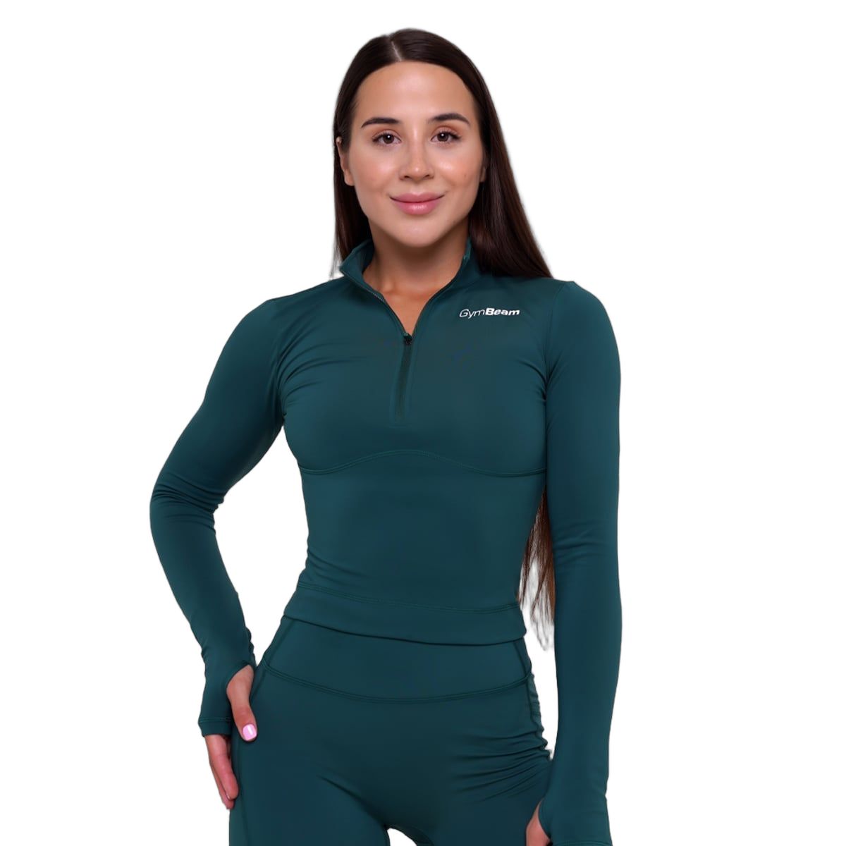 GymBeam Sport-Top Damen Ignite körpernah mit Kragen und Langarm in Dunkelgrün 1 St