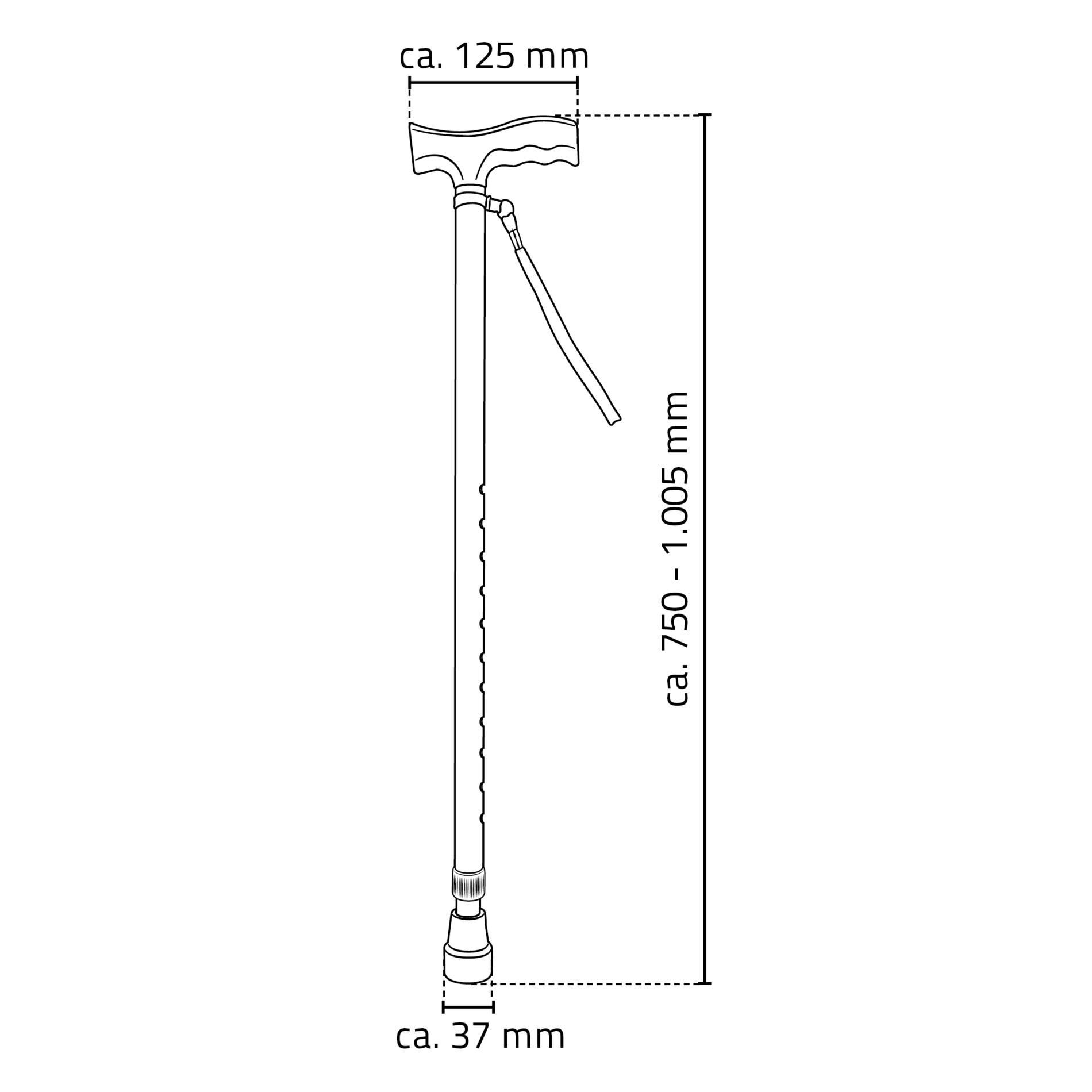 Gehstock mit Griff, Handgelenkschlaufe und rutschfestem Fuß. Maße: ca. 750-1.005 mm hoch, Griff ca. 125 mm breit, Fuß ca. 37 mm.