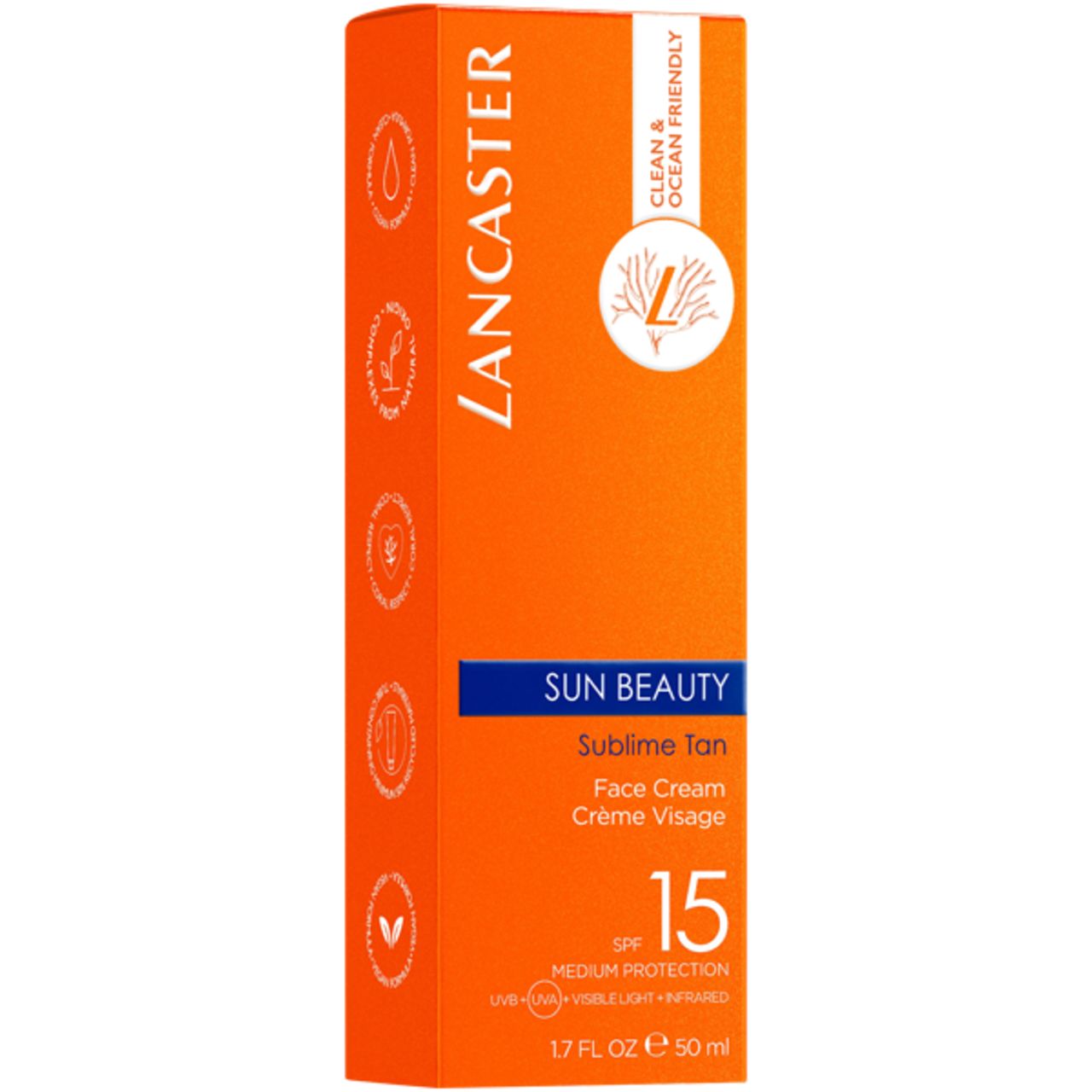 Orangefarbene Verpackung mit Produktinformationen. Text: Lancaster, Sun Beauty, SPF 15.  'Clean & Ocean Friendly'.