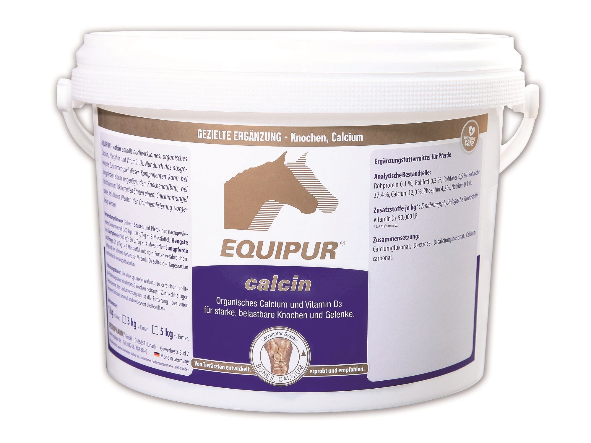 Weißer Eimer mit Deckel und Griff. Aufschrift: EQUIPUR calcin, Organisches Calcium und Vitamin D. Braunes Logo mit Pferdekopf.