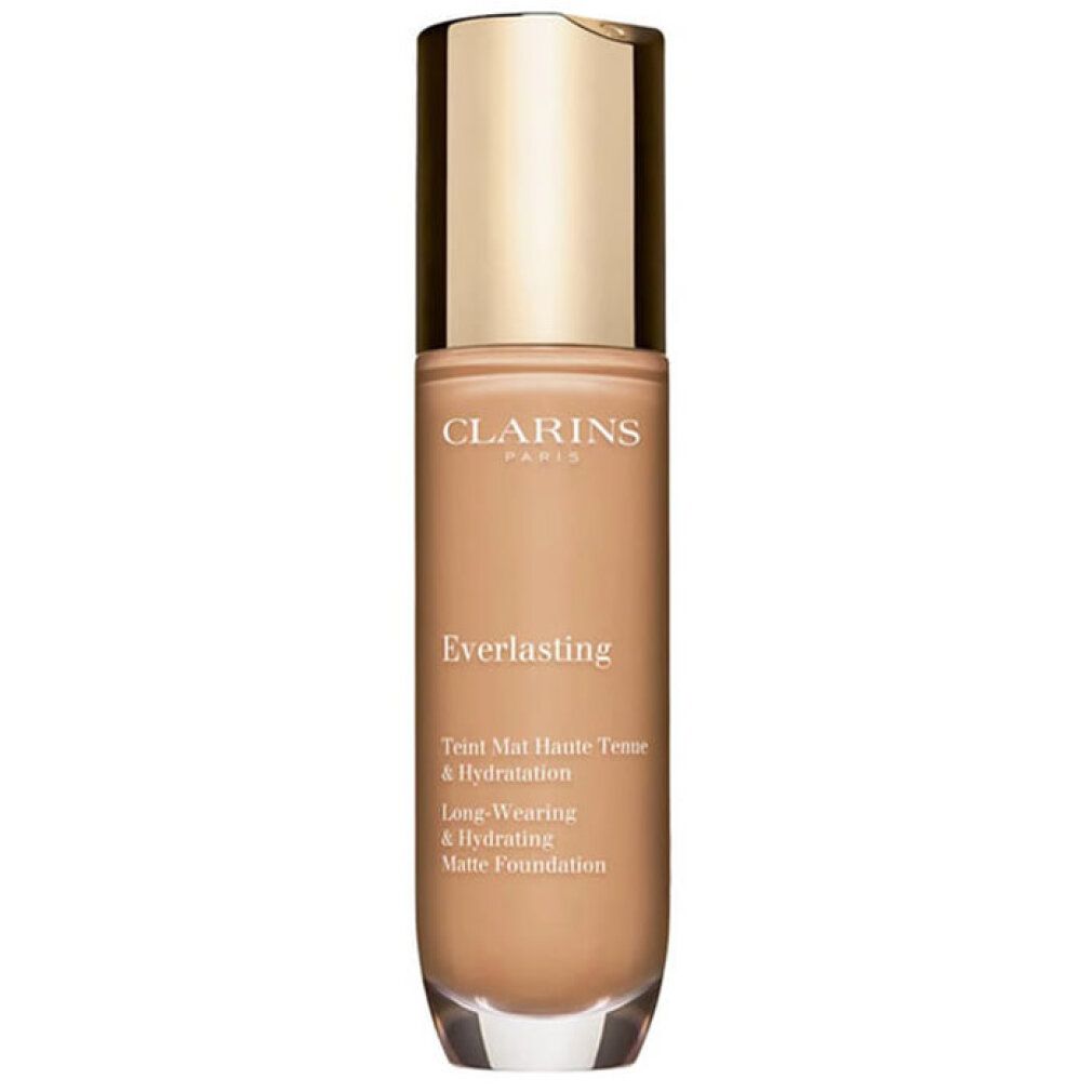 Flüssiges Make-up in einer Glasflasche mit goldenem Deckel. Aufschrift: Clarins, Everlasting, Teint Mat Haute Tenue & Hydratation.