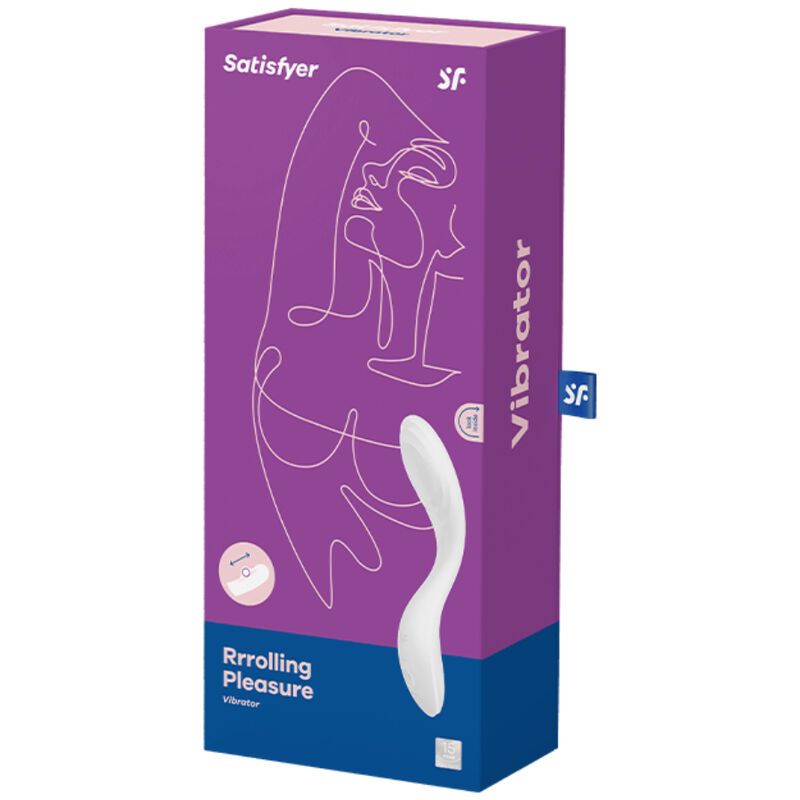 Verpackung des Vibrators "Rrrolling Pleasure" von Satisfyer. Lila Schachtel mit Produktabbildung und Logo.