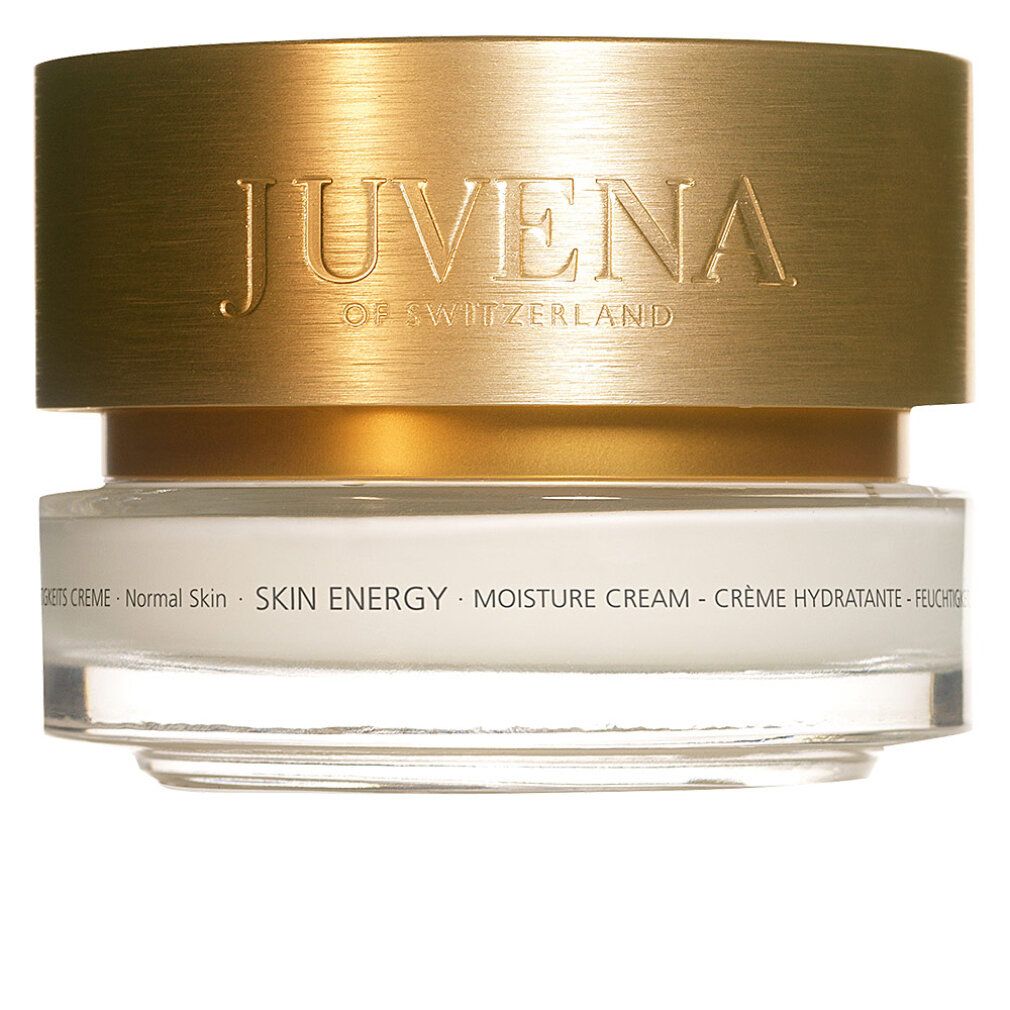 Creme-Tiegel mit goldfarbenem Deckel. Aufschrift: JUVENA OF SWITZERLAND. Text: SKIN ENERGY MOISTURE CREAM. Für normale Haut.
