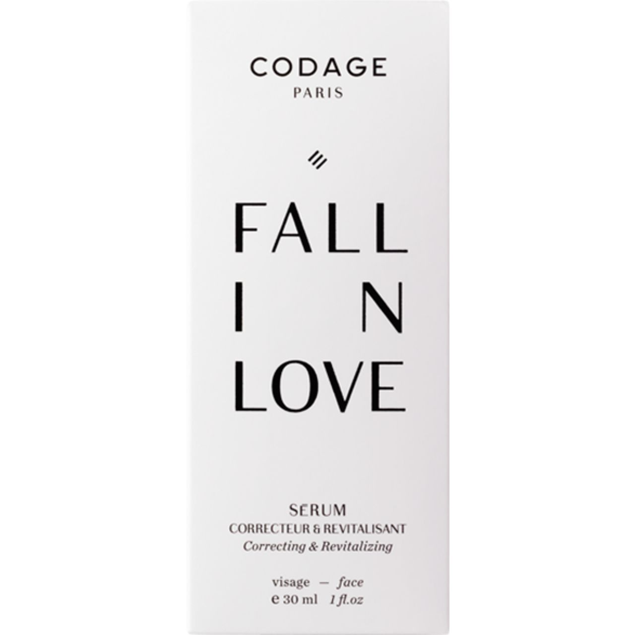 Weiße Verpackung für Codage Fall In Love Serum. Aufschrift: Codage, Fall In Love, Serum, Correcteur & Revitalisant, 30 ml.
