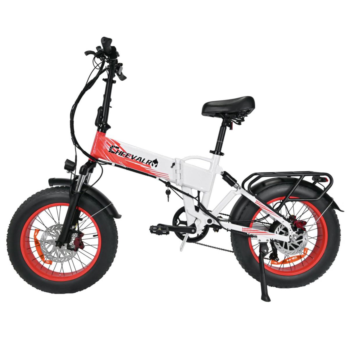 E-Bike mit roten Felgen. Weißes Rahmendesign mit roter Akzentfarbe. Schwarze Reifen und Sattel. Gepäckträger.