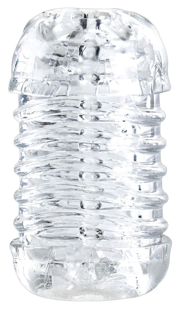 Transparentes Produkt mit geriffelter Oberfläche. Die Form ist zylindrisch mit abgerundeten Enden.