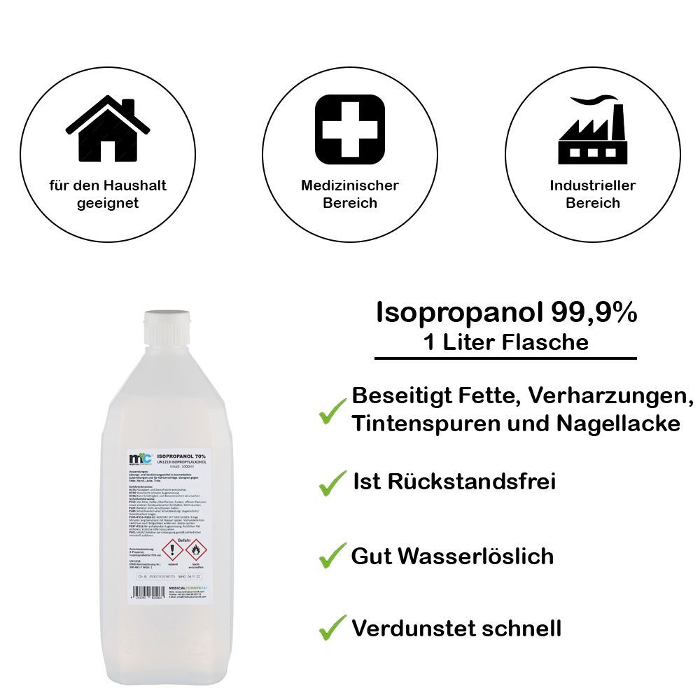 Isopropanol 99,9% Flasche. Text: 1 Liter Flasche, geeignet für Haushalt, Medizin, Industrie.