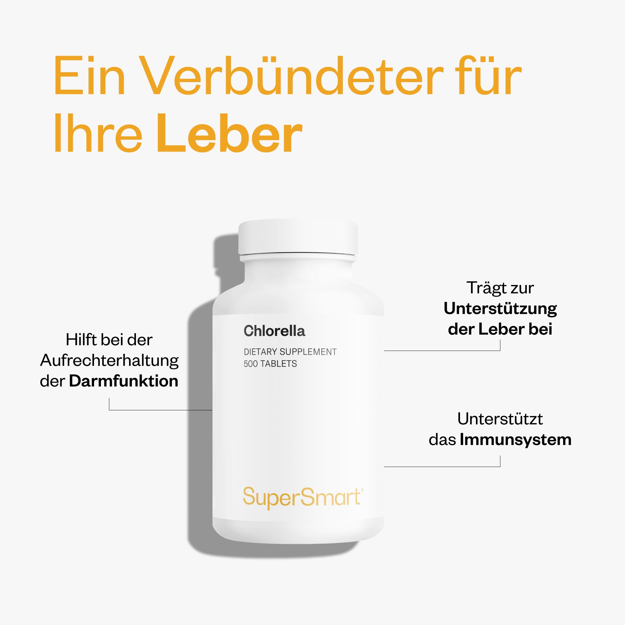 Weiße Flasche mit Chlorella-Tabletten. Text: Chlorella, Nahrungsergänzungsmittel, 500 Tabletten. SuperSmart-Logo.