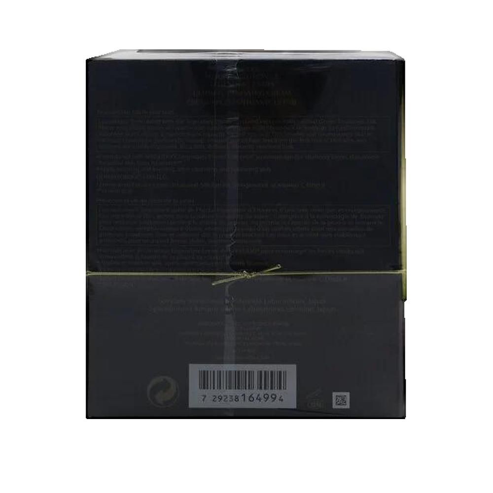 Rückseite der Verpackung. Schwarzer Hintergrund. Text und Barcode. Aufschrift: SHISEIDO, FUTURE SOLUTION LX. Mit goldener Schnur gebunden.