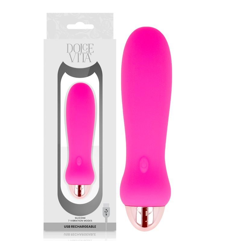 Pinkfarbener Vibrator mit goldfarbenem Kopf, neben Verpackung. Verpackung mit Produktname, USB-Ladefunktion und 7 Vibrationsmodi.