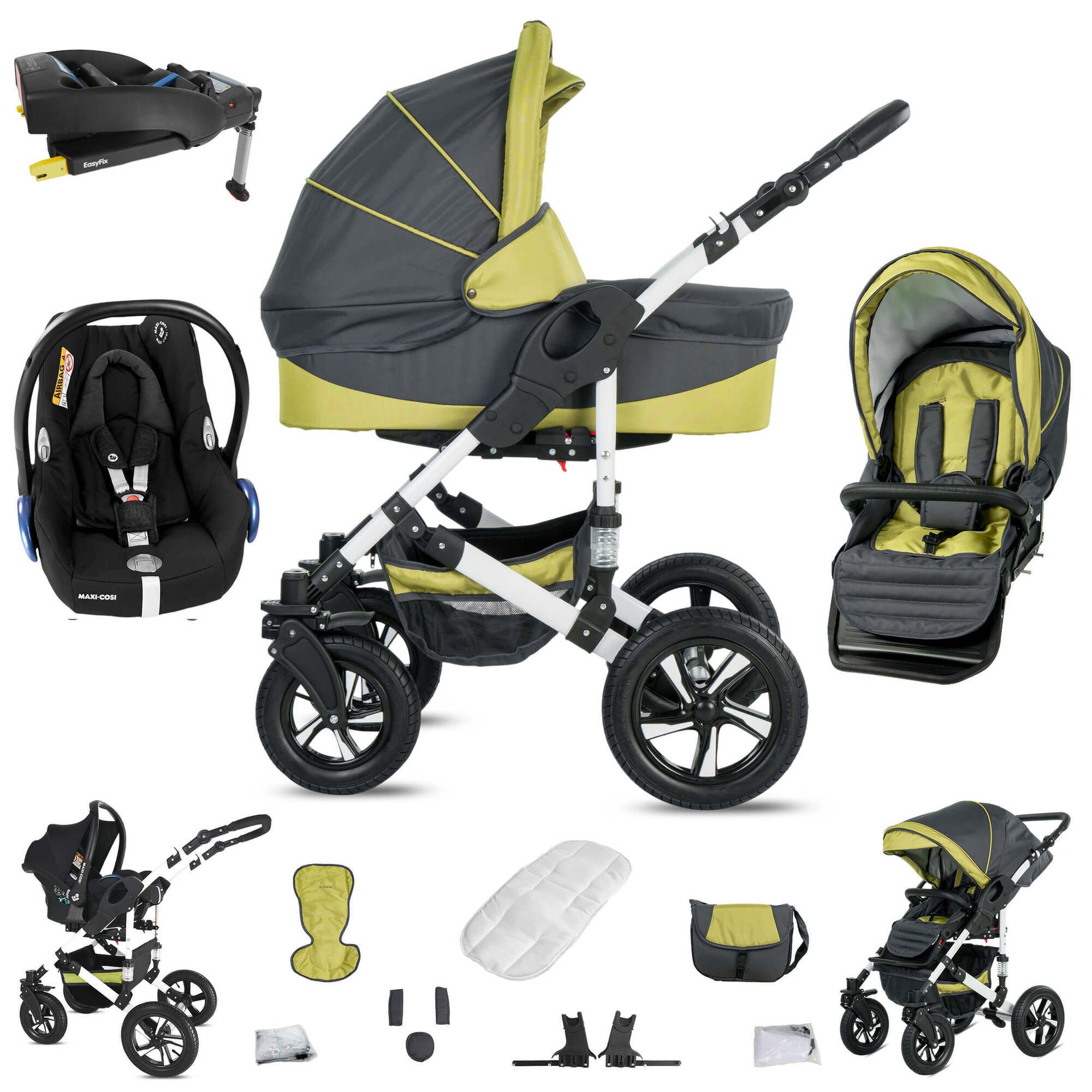 Friedrich Hugo Hamburg 4 in 1 Kinderwagen Set inkl. Maxi Cosi & FamilyFix Station, Luft Grey & Green