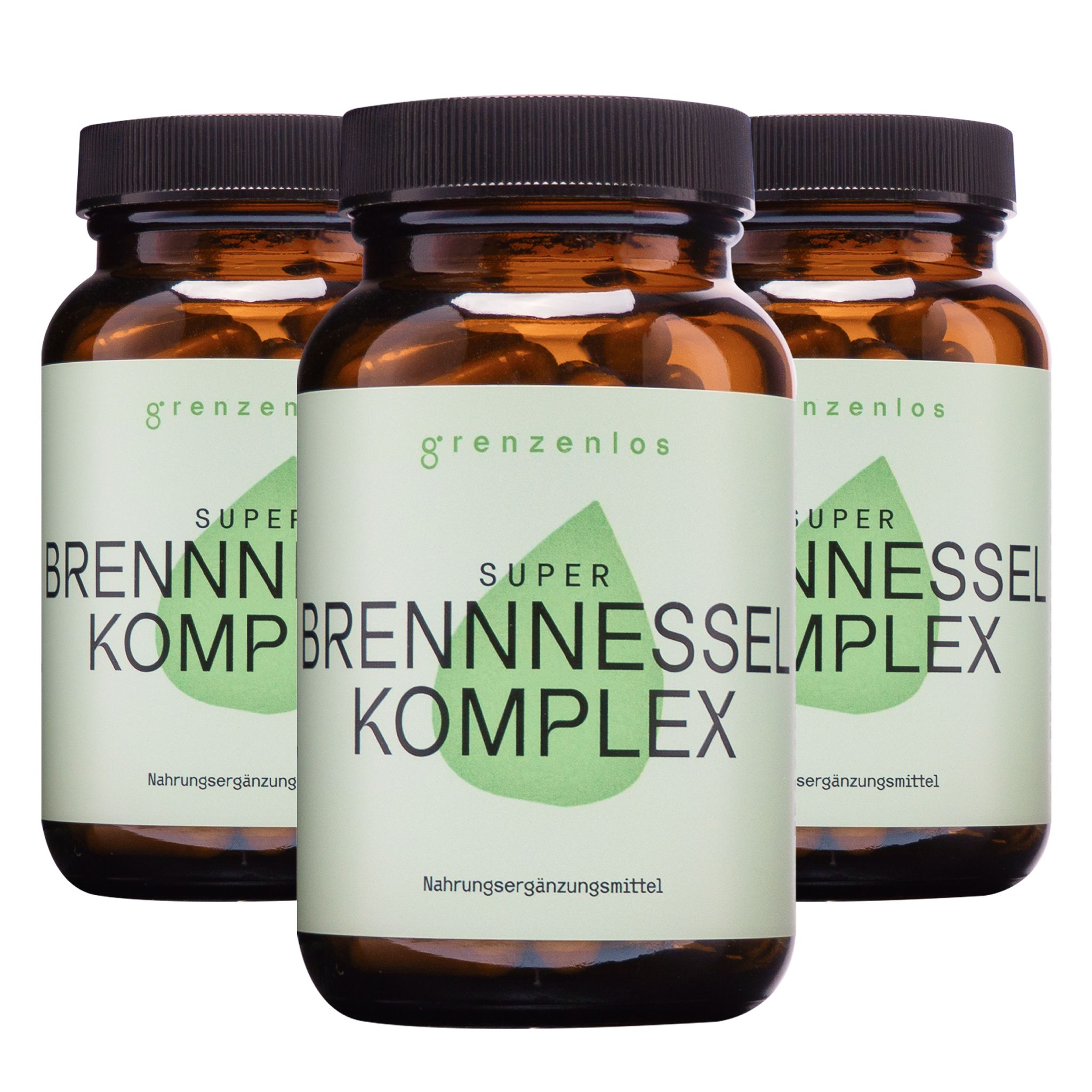 Drei braune Glasflaschen mit grünem Etikett: "Super Brennnessel Komplex".
