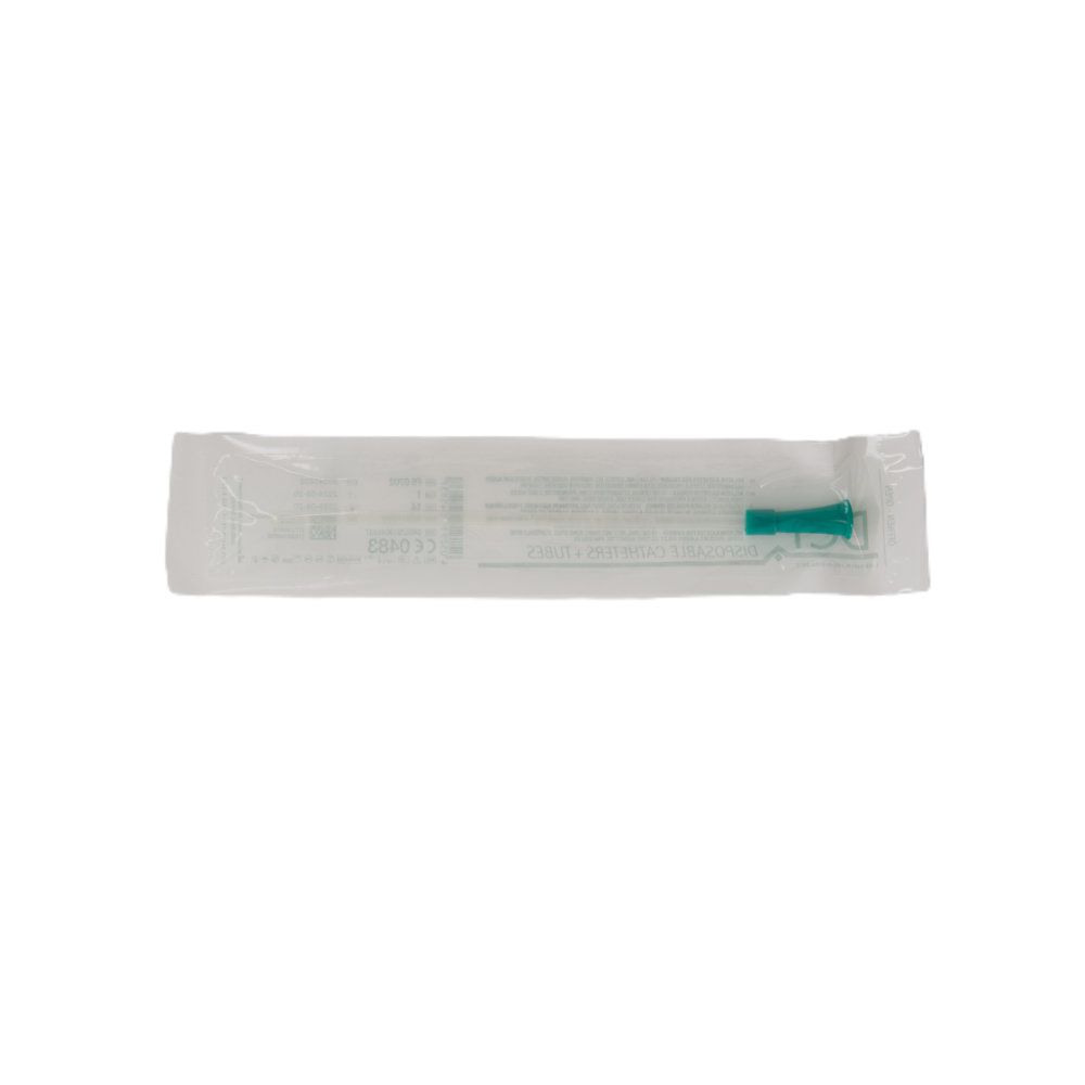 Verpackter DCT Nelaton-Frauenkatheter, CH14. Grüner Konnektor, transparente Verpackung.