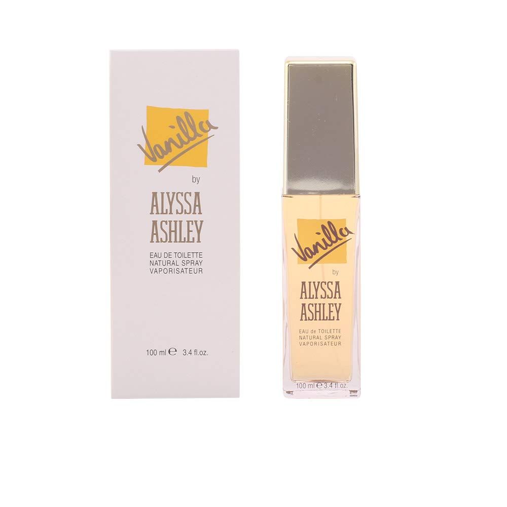 Flakon und Schachtel. Aufschrift: Vanilla by Alyssa Ashley. Eau de Toilette Natural Spray Vaporisateur.
