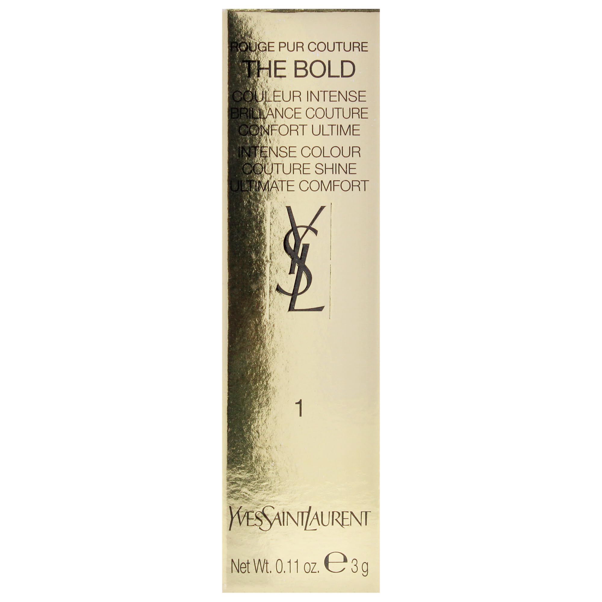 Goldene Verpackung mit Text und Logo. Produktname: Rouge Pur Couture The Bold. Nummer 1.