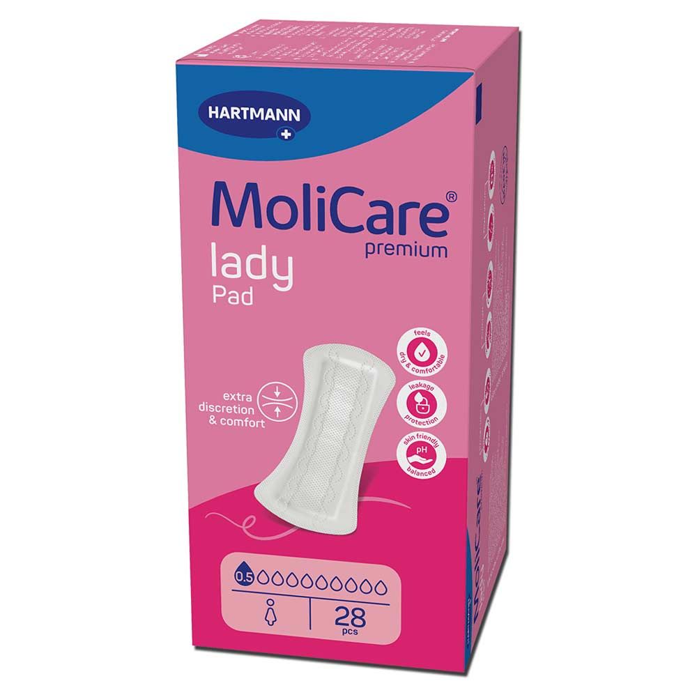 Rosa Verpackung mit MoliCare Lady Pad. Enthält 28 Stück. Marke Hartmann. Produkt mit 0,5 Tropfen.