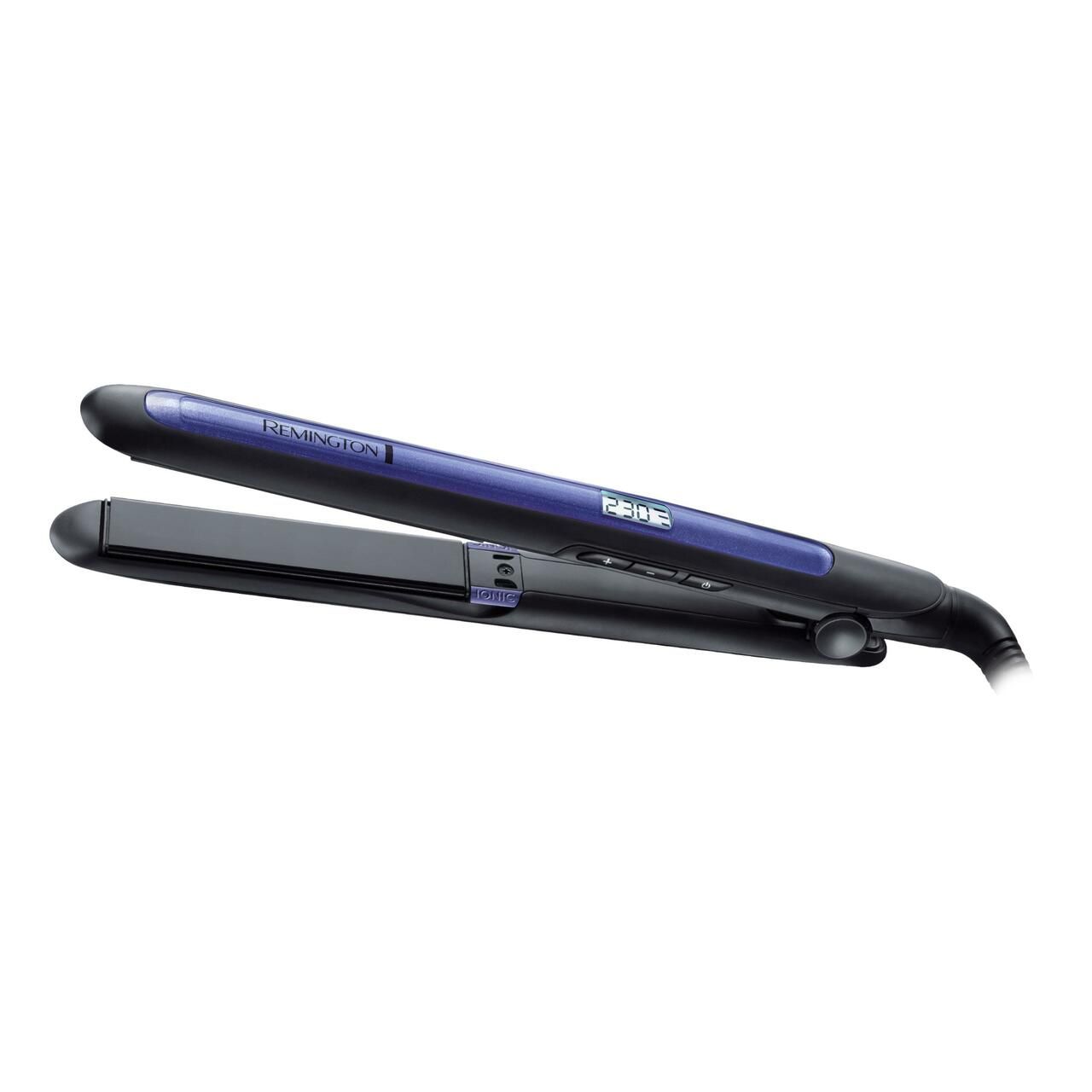 Haarglätter mit schwarzer Platte und blauem Element. Digitalanzeige. Marke Remington. Kabelanschluss.