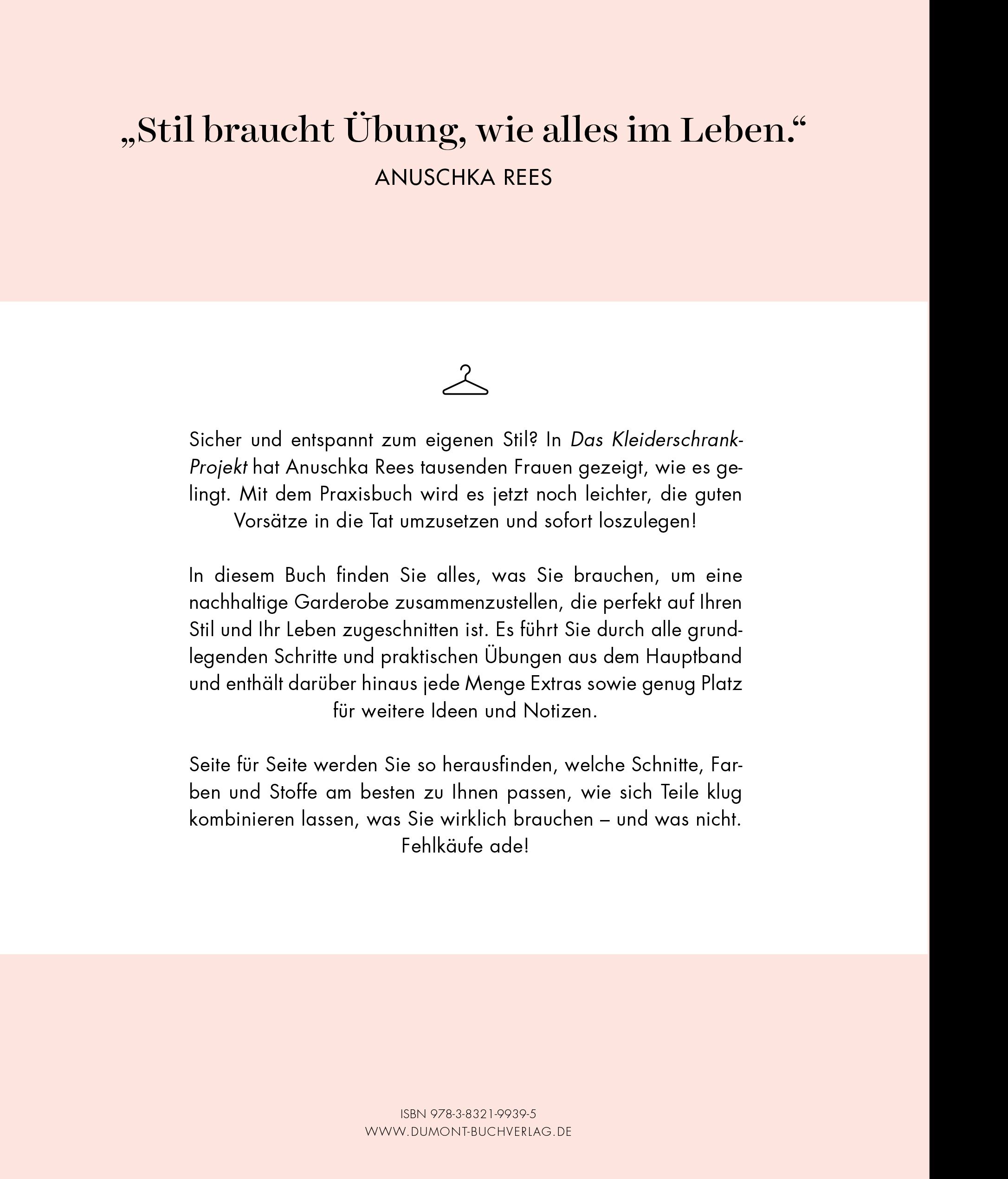 Buchrückseite: Text über "Das Kleiderschrank-Projekt. Praxisbuch" von Anuschka Rees. Logo Dumont, ISBN-Code.