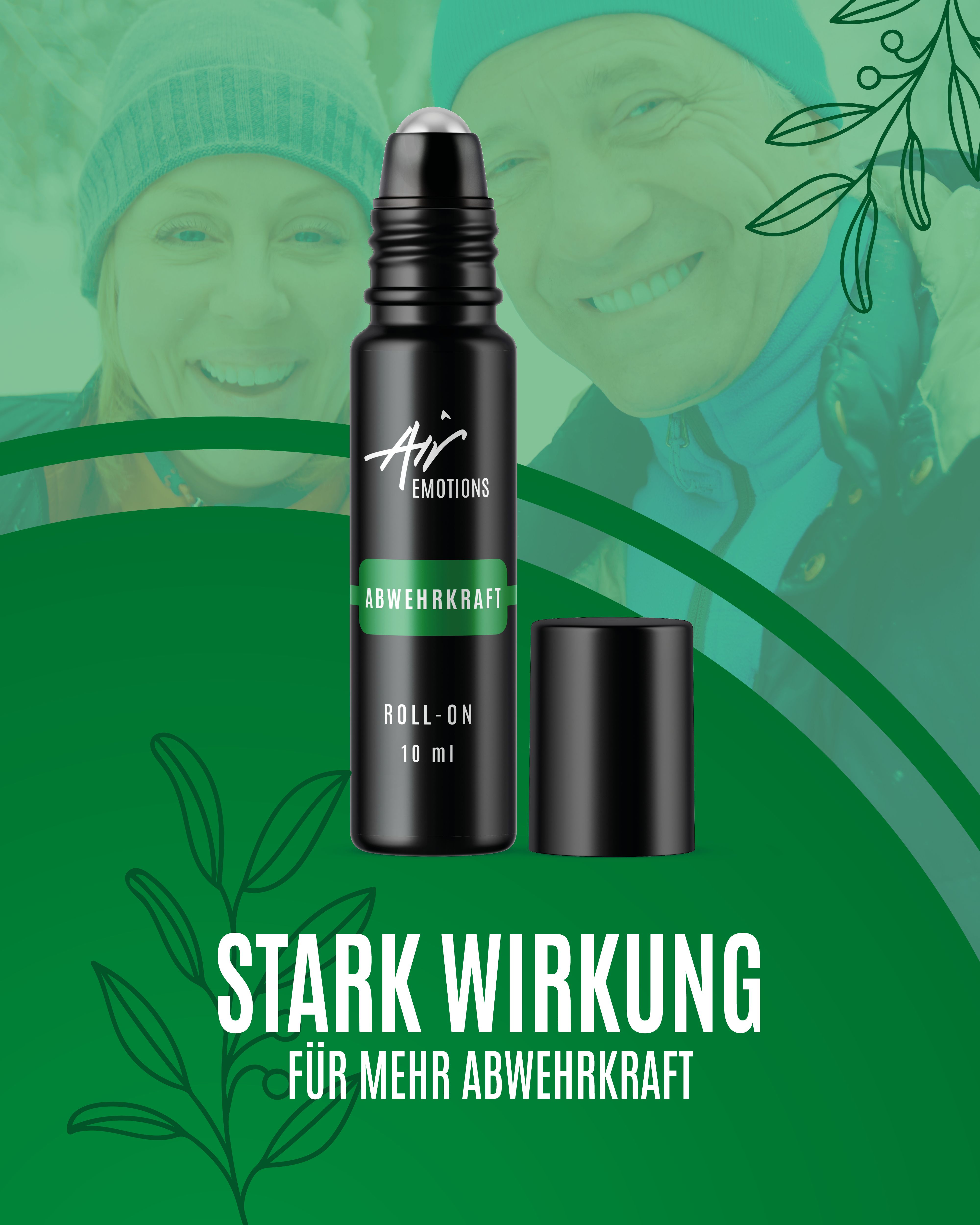 Schwarze Roll-On-Flasche mit grüner Beschriftung. Schwarzer Deckel daneben. Text: Stark Wirkung für mehr Abwehrkraft.
