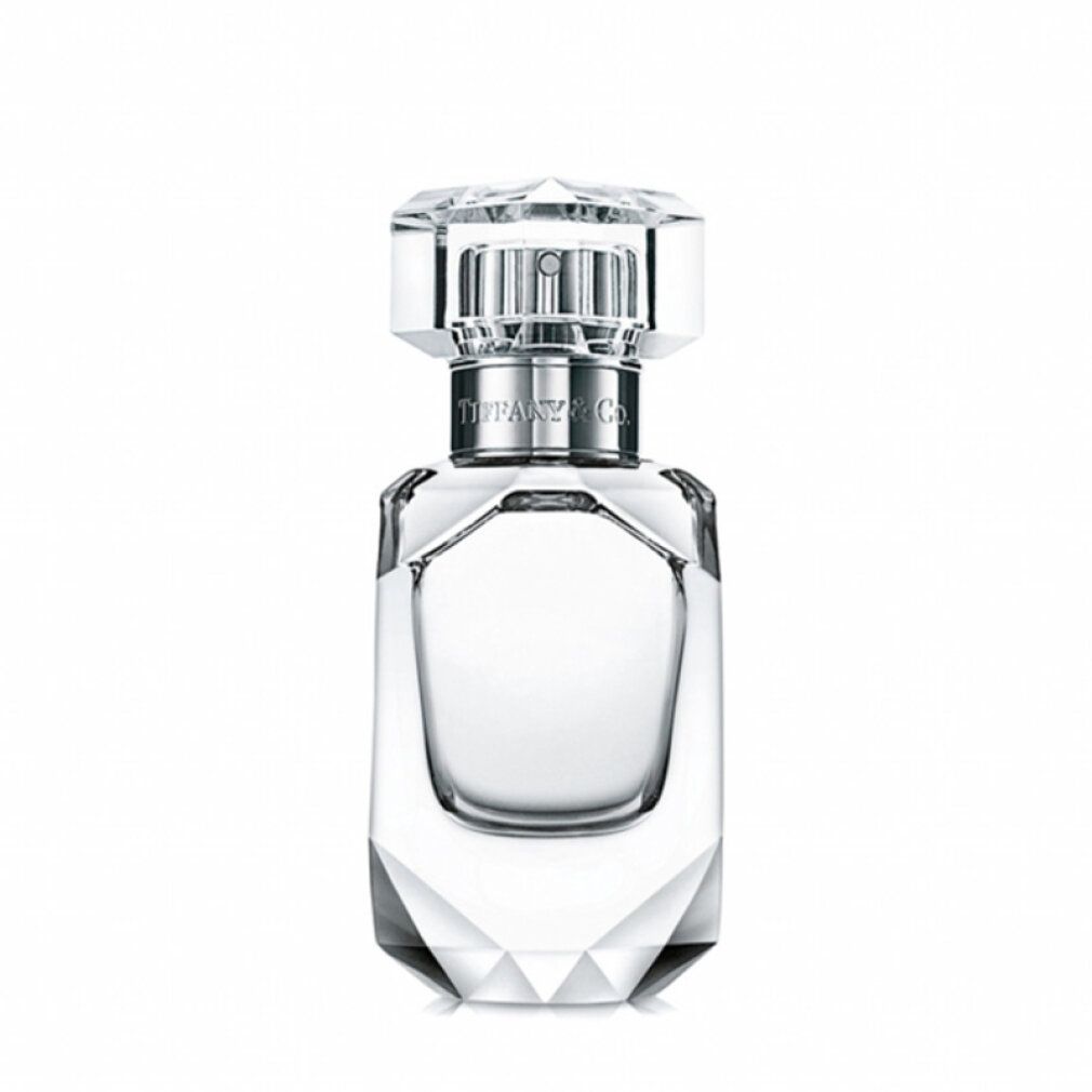 Parfumflakon mit silbernem Verschluss. Klarer Flakon mit Facettenschliff. Auf dem Verschluss steht "Tiffany & Co.".