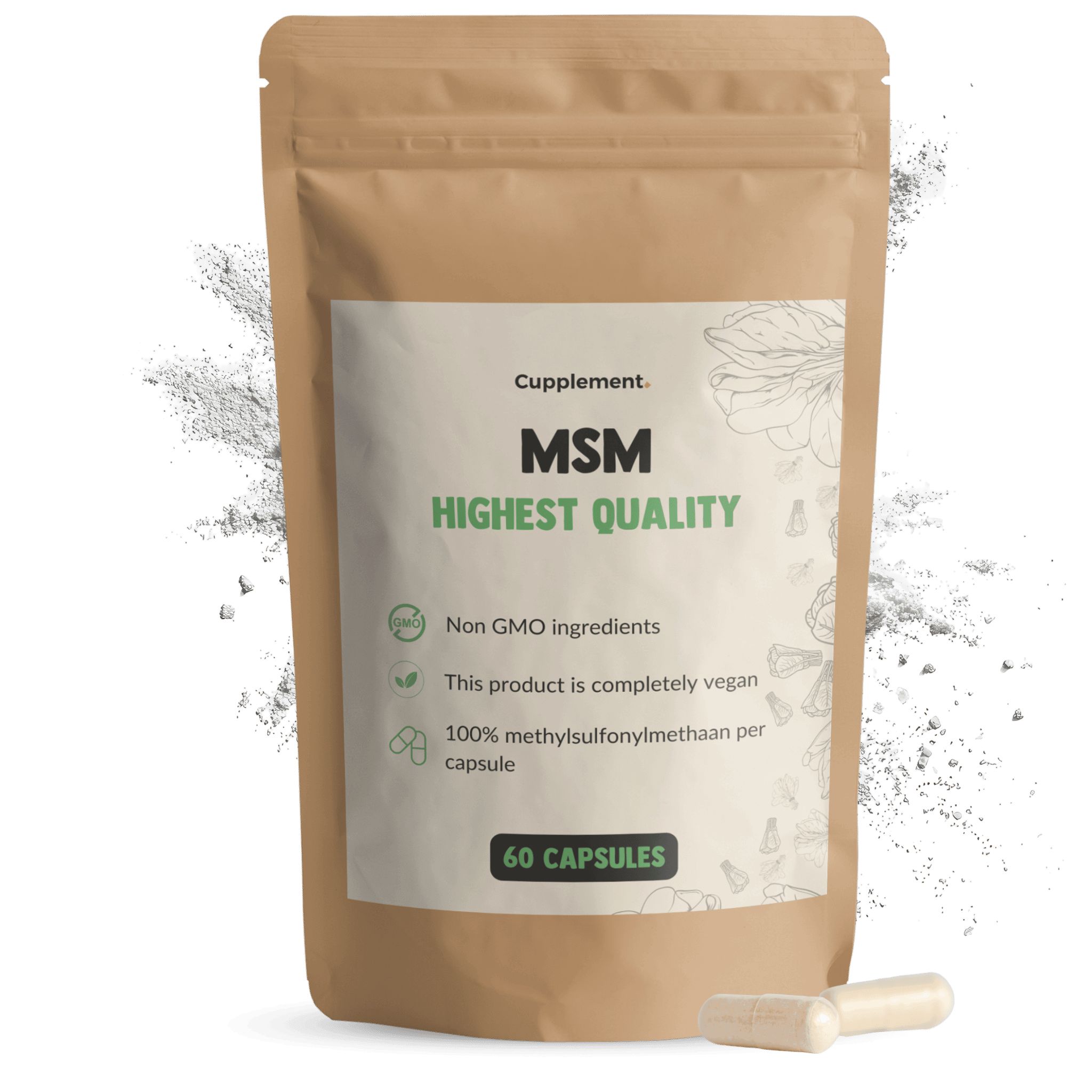 Beutel mit Kapseln. Aufschrift: Cupplement, MSM, Highest Quality. 60 Kapseln. Vegan, ohne GVO, 100% Methylsulfonylmethan.