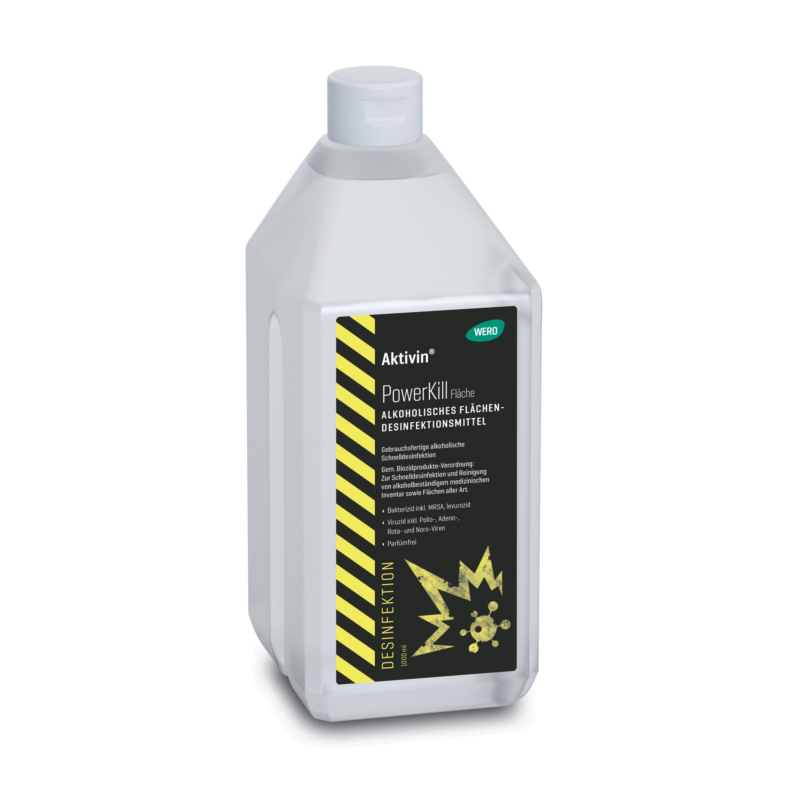 Flasche mit Etikett. Aufschrift: Aktivin PowerKill Fläche Desinfektion. Gelb-schwarze Streifen. Weißer Deckel.