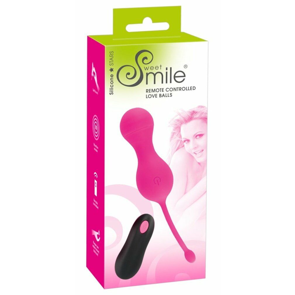 Rosa Duo-Vibrokugel mit Fernbedienung in Verpackung. Aufdruck: Sweet Smile, Remote Controlled Love Balls.