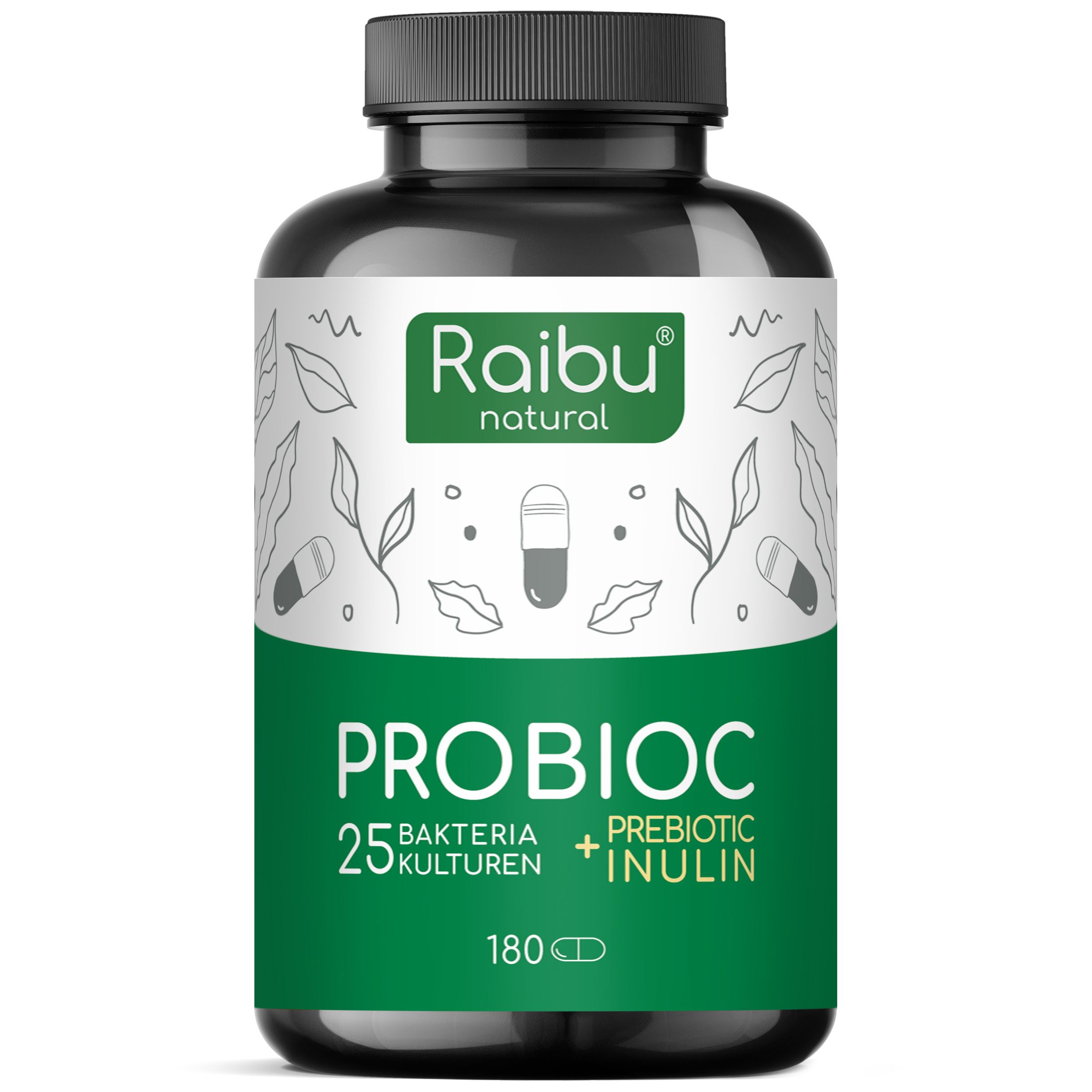 Raibu Probiotika Kapseln: Schwarze Dose mit grünem Etikett, 180 Kapseln, 25 Bakterienkulturen + Inulin.