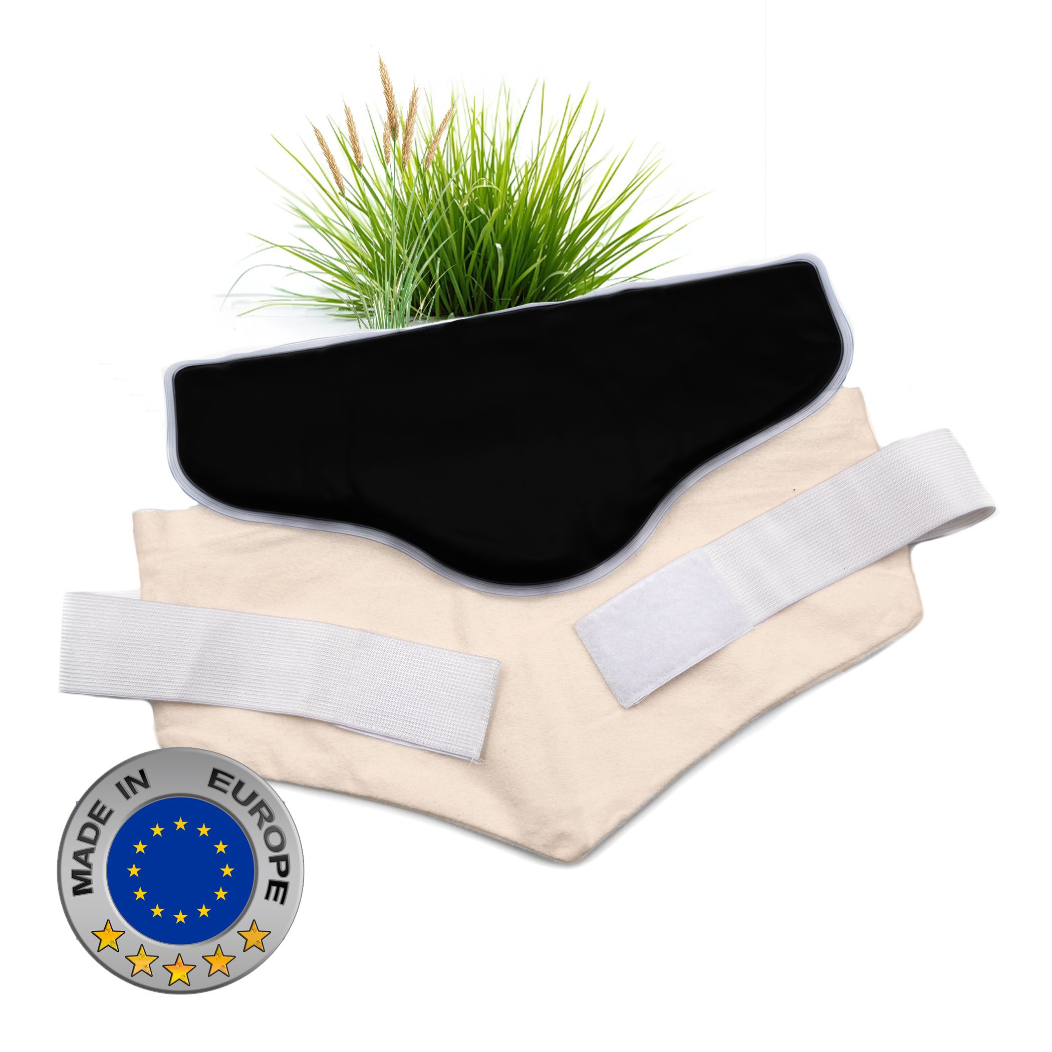Schwarzes Moor-Wärmekissen, Baumwollhülle, Klettbänder, EU-Siegel.