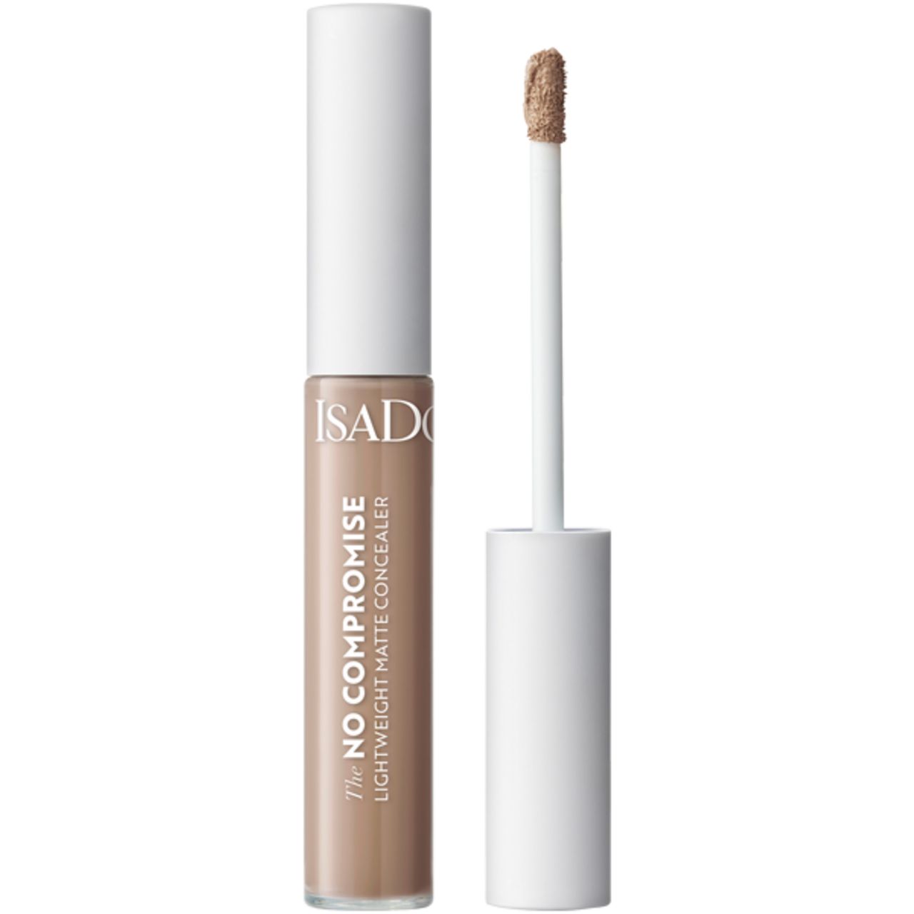 Concealer-Tube mit weißem Deckel und Applikator. Aufschrift: IsaDora, The No Compromise, Lightweight Matte Concealer.