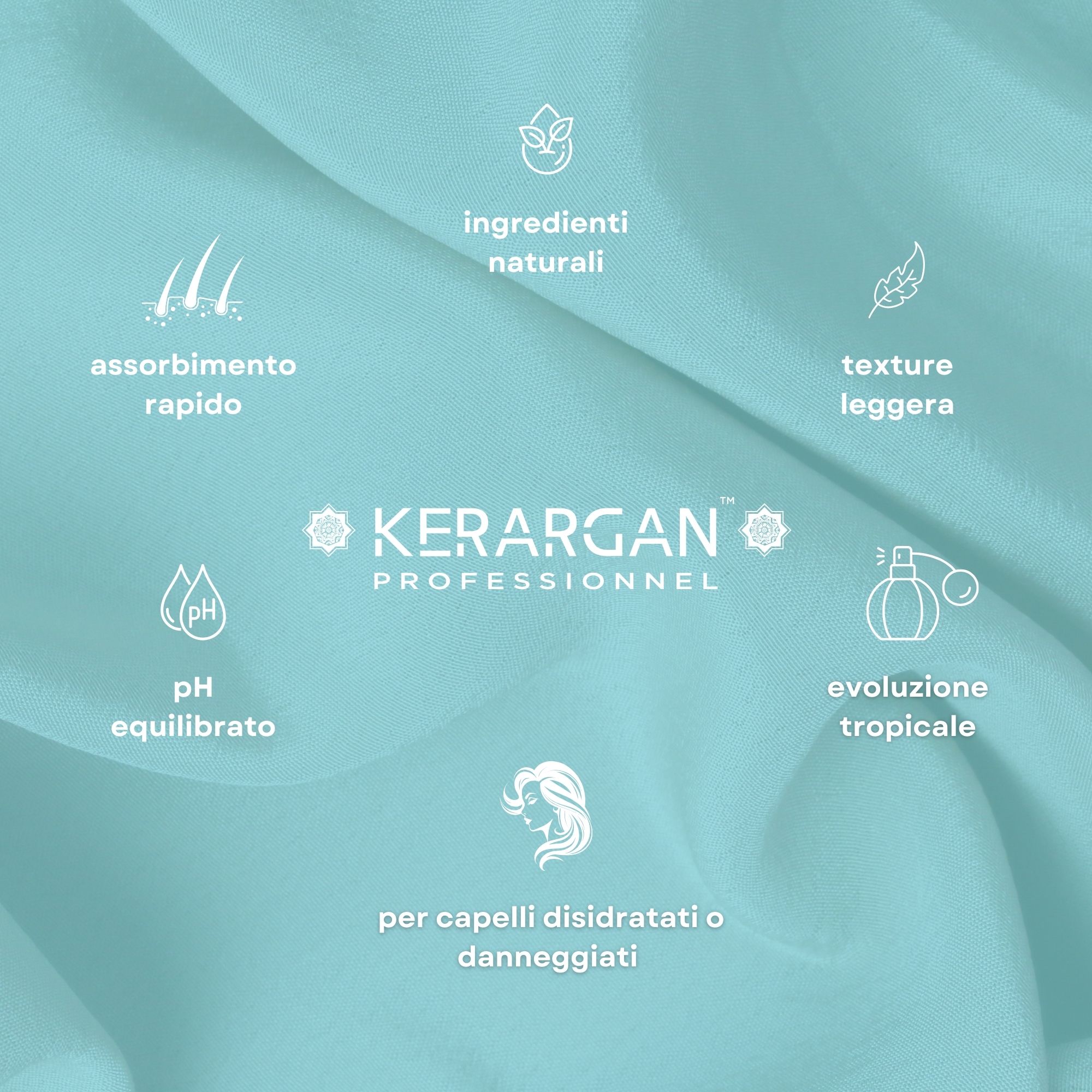 Testo: Kerargan, ingredienti naturali, assorbimento rapido, texture leggera, pH equilibrato, evasione tropicale. Per capelli disidratati.