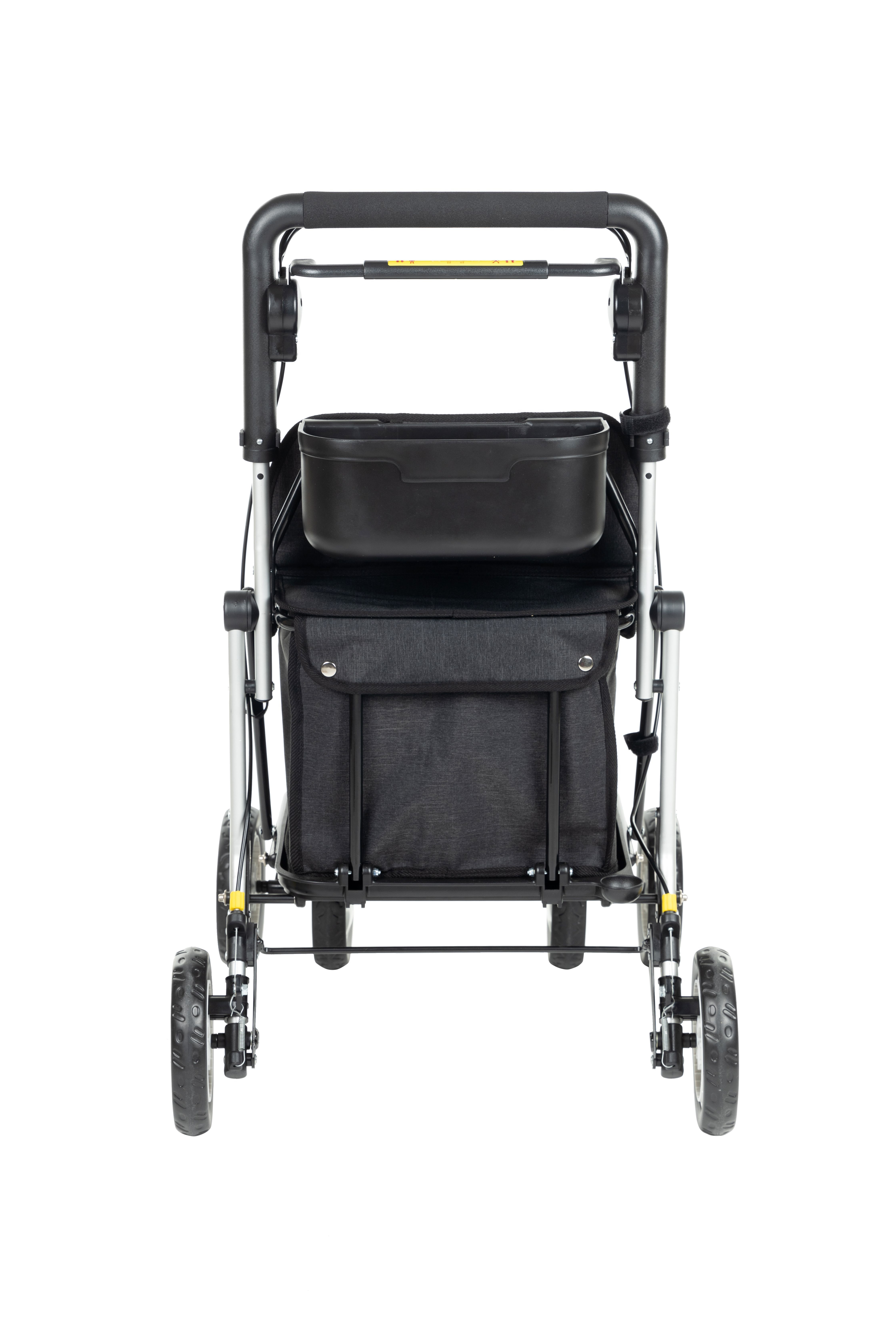 Gehstock mit Sitz. Schwarzes Gestell, grauer Sitz und Tasche. Korb über der Tasche.