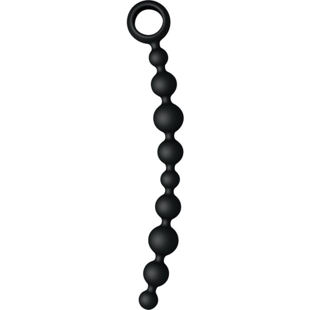 Schwarze Kugelkette mit Ring. Die Kugeln sind unterschiedlich groß.