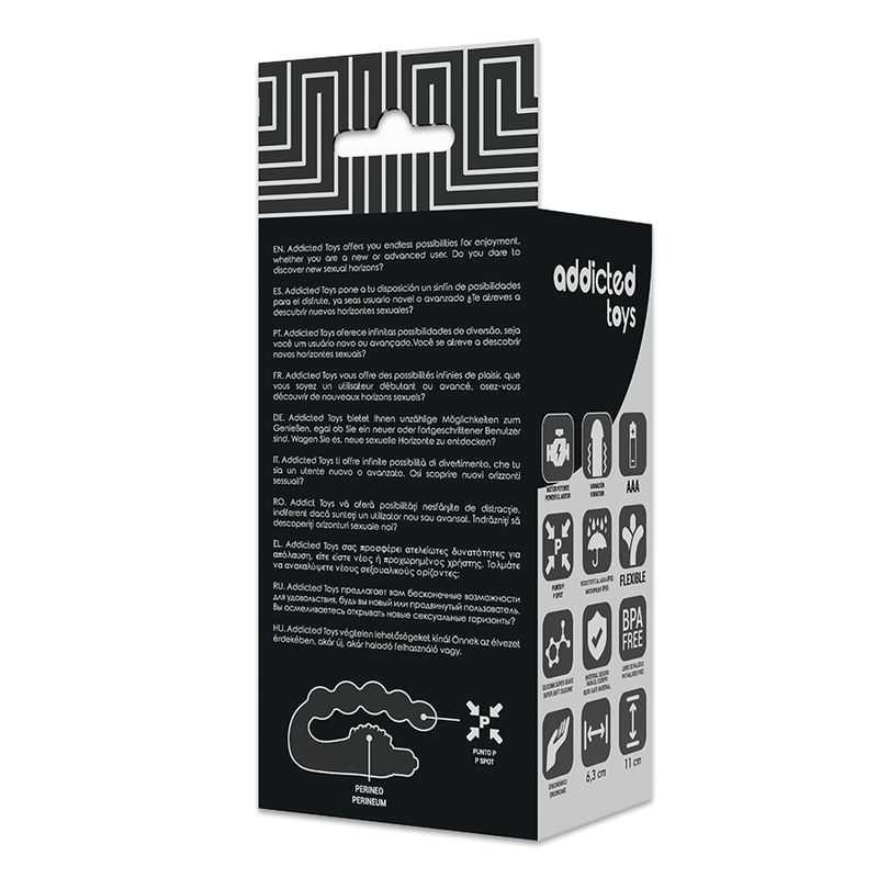 Rückseite der Verpackung mit Text und Symbolen. Produktabbildung und Markenname 'addicted toys'.