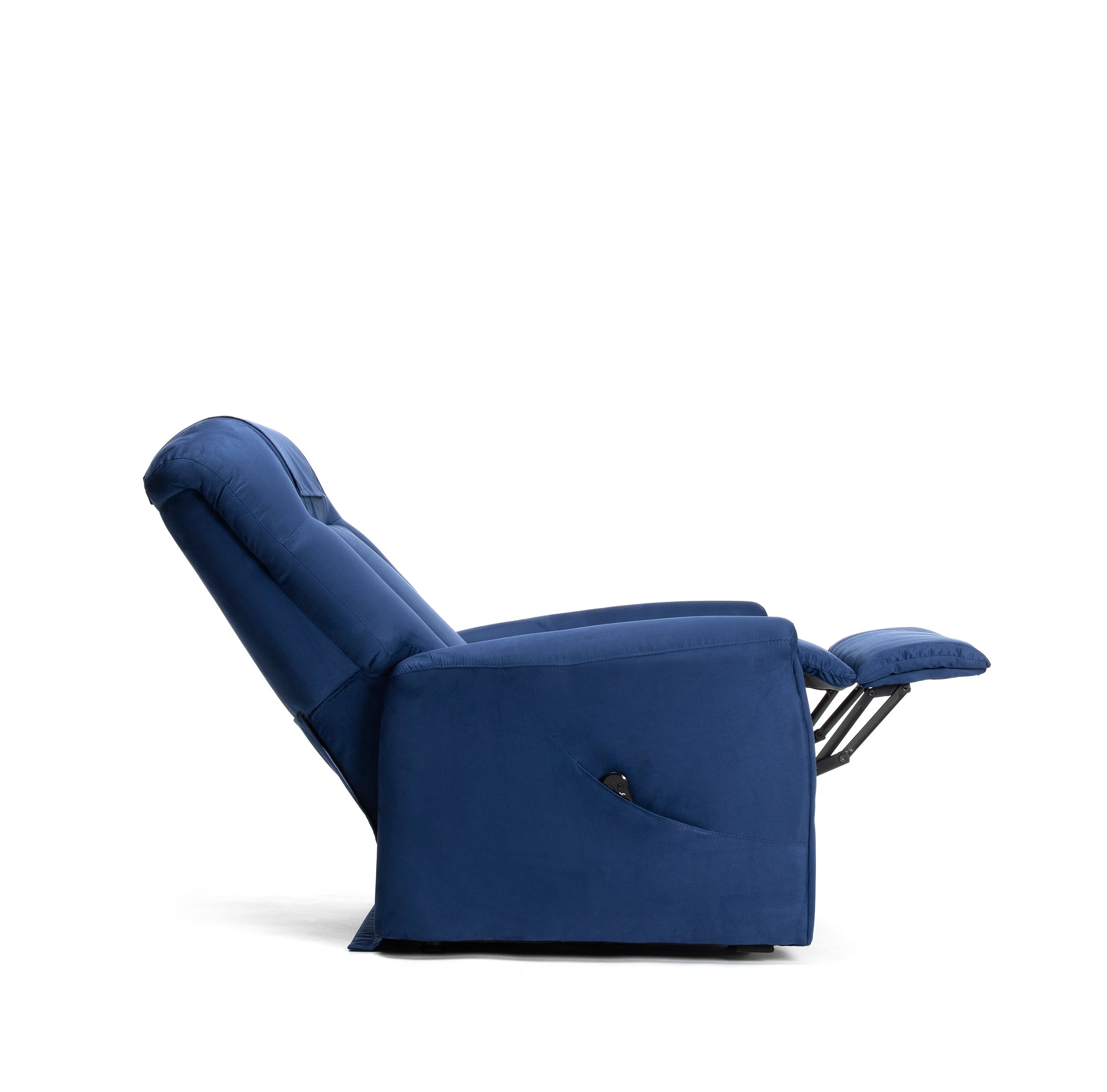 Blauer Relaxsessel mit hochgestellter Fußstütze. Aufstehhilfe.