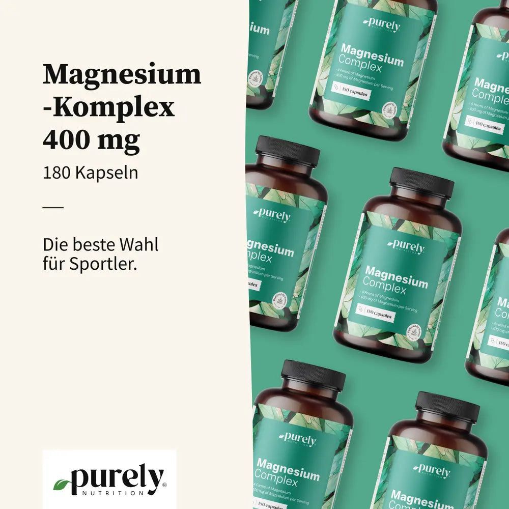 Mehrere Flaschen Magnesium-Komplex. Text: Magnesium-Komplex 400 mg, 180 Kapseln.