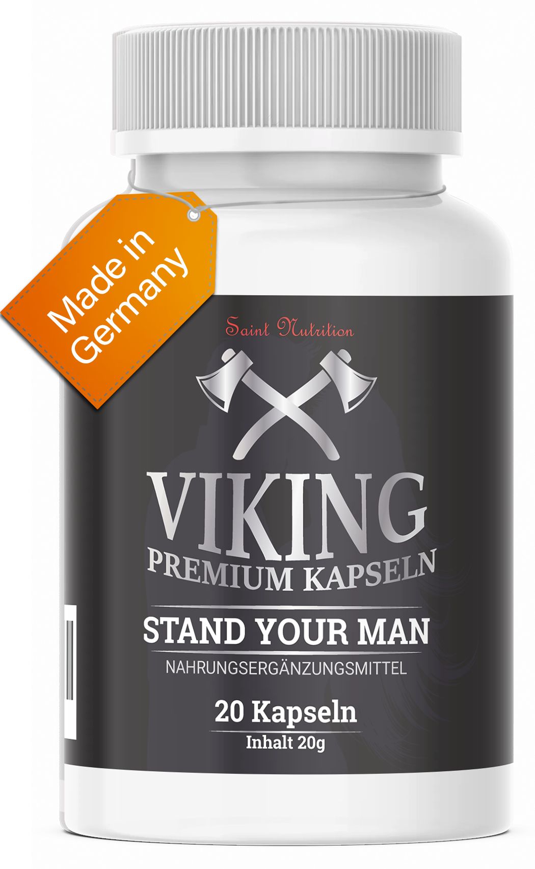 Weiße Flasche mit schwarzen Etikett. Aufschrift: VIKING Premium Kapseln, 20 Kapseln. Orangefarbenes Etikett: Made in Germany.