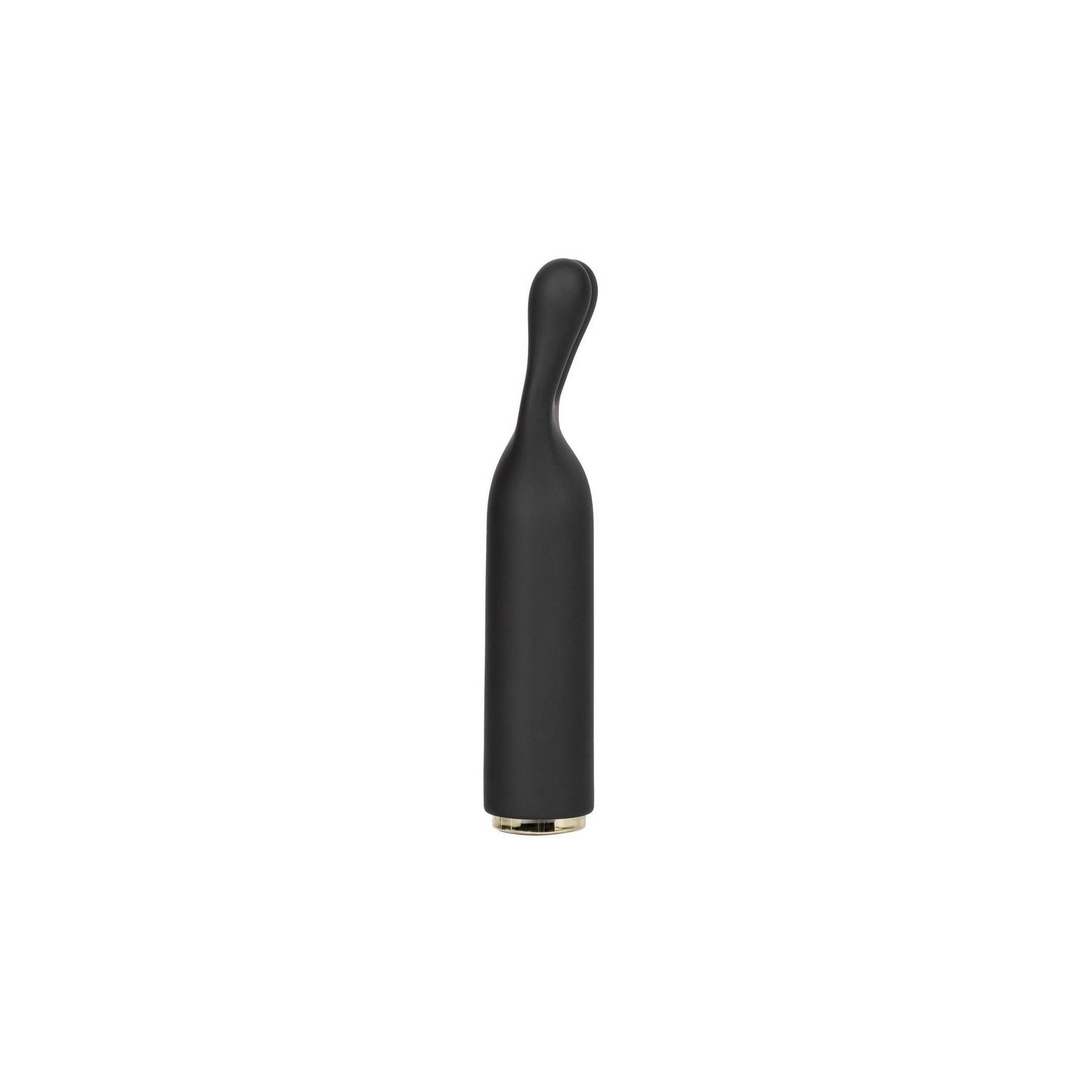 Schwarzes Wellness-Produkt mit gebogener Form. Abgerundetes Ende, metallischer Abschluss.