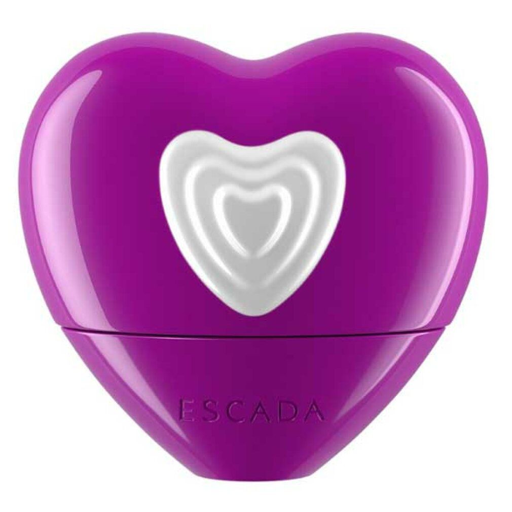 Lila herzförmiger Flakon mit weißem Herz-Design. Escada-Logo unten.