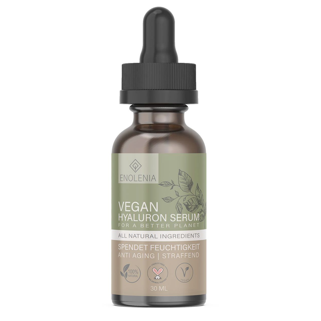 Braune Glasflasche mit schwarzem Deckel und Pipette. Etikett mit Produktnamen, Inhaltsstoffen und Logos. 30 ml.