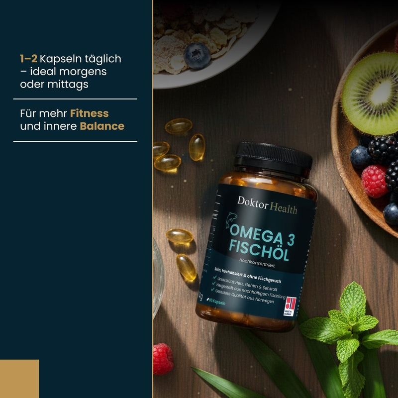 Flasche Omega-3 Fischöl mit Kapseln und Früchten. Text: 1-2 Kapseln täglich. Für mehr Fitness und innere Balance. Doktor Health, Omega 3 Fischöl.