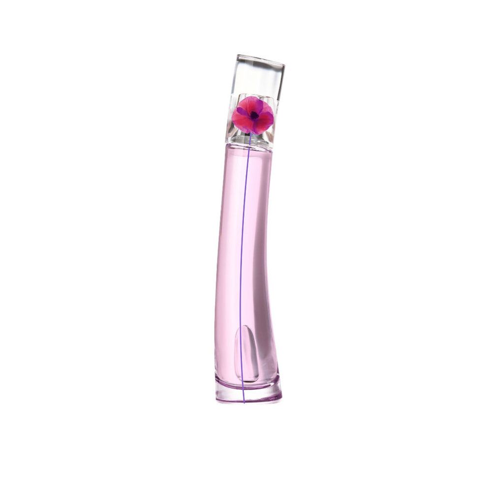 Eine schlanke, rosa Parfümflasche mit einer einzelnen roten Mohnblume im Verschluss.