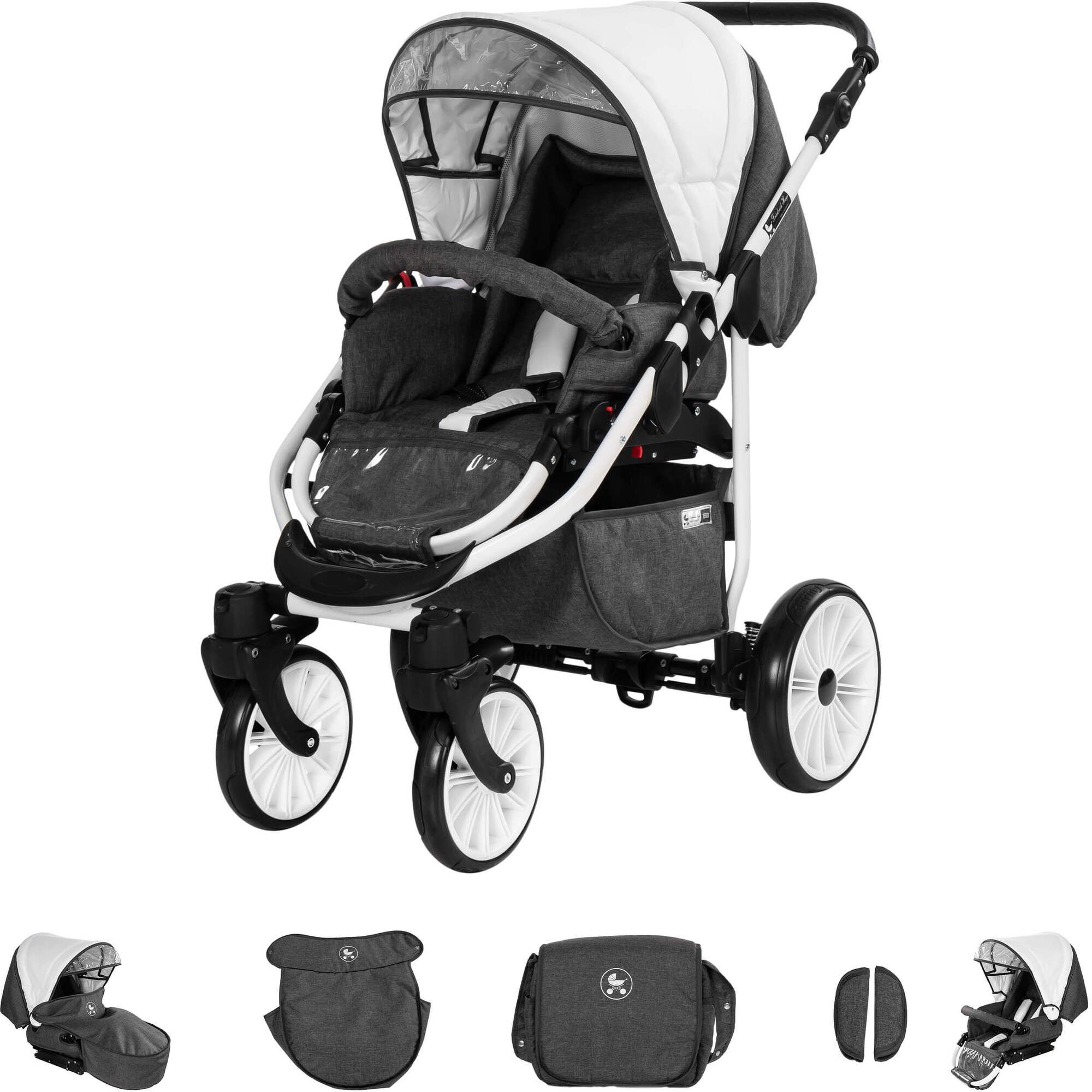 Friedrich Hugo Berlin 3 in 1 Kinderwagen Set GEL Reifen, Dark Grey and White Day