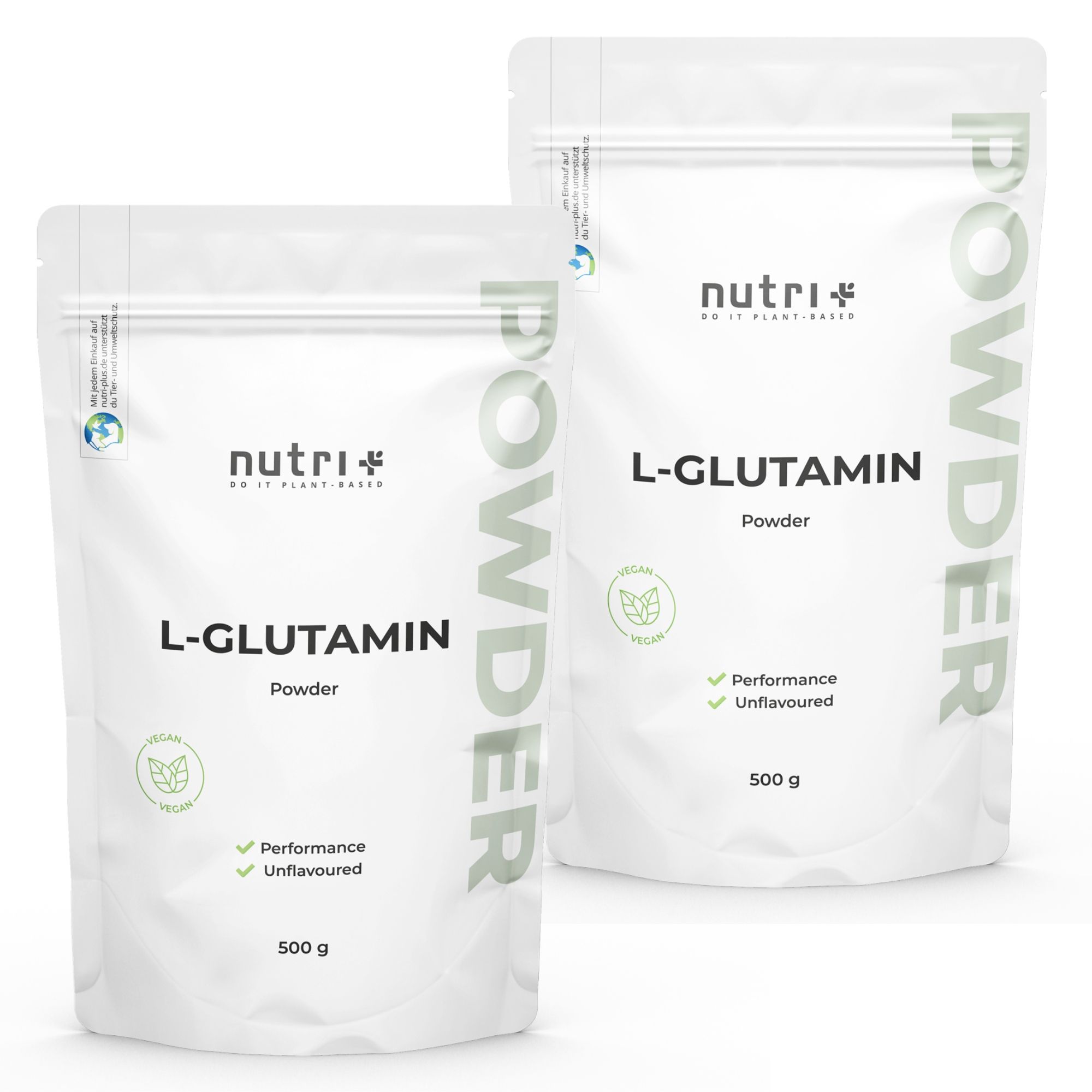 Zwei Beutel L-Glutamin Pulver. Weiß, mit grünen Akzenten. Vegan, unaromatisiert. 500g. Marke: nutri+.
