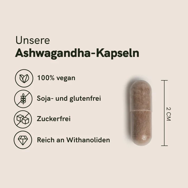 Eine einzelne braune Kapsel neben Icons und Text. Text: "100% vegan", "Sojafrei", "Zuckerfrei", "Reich an Withanoliden". 2 cm Messung.