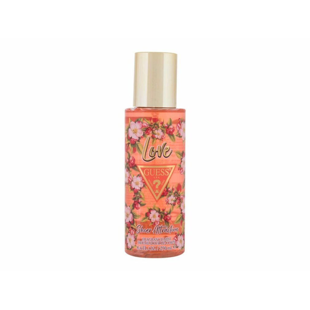 Zylindrische Flasche mit goldfarbenem Deckel. Aufschrift "Love" und "GUESS". Florales Muster. "Sheer Attraction" und Produktinformationen.