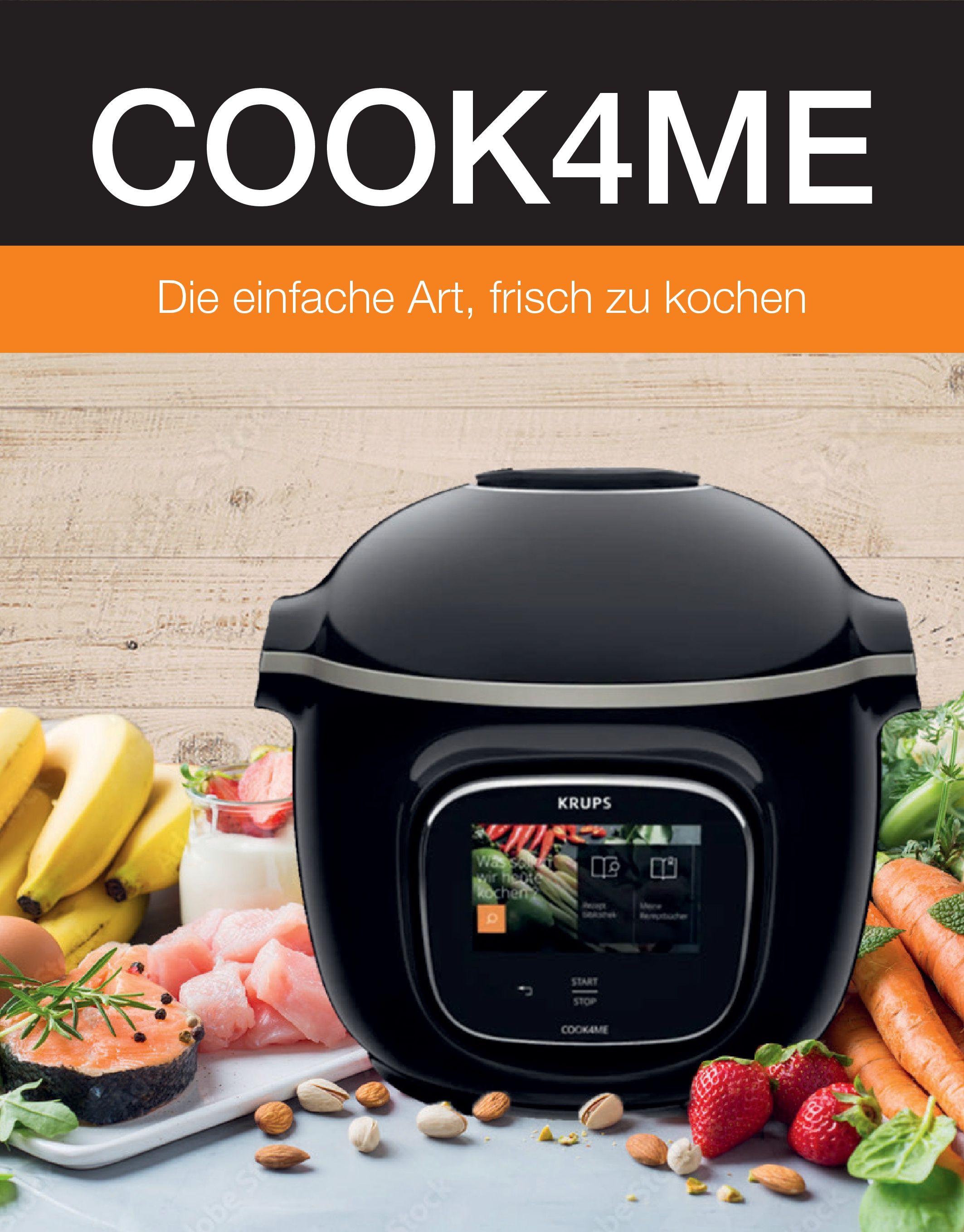 Schwarzer Kochtopf mit Touchscreen-Display. Auf dem Display sind Symbole zu sehen. Um den Topf herum sind Lebensmittel wie Gemüse und Obst angeordnet.